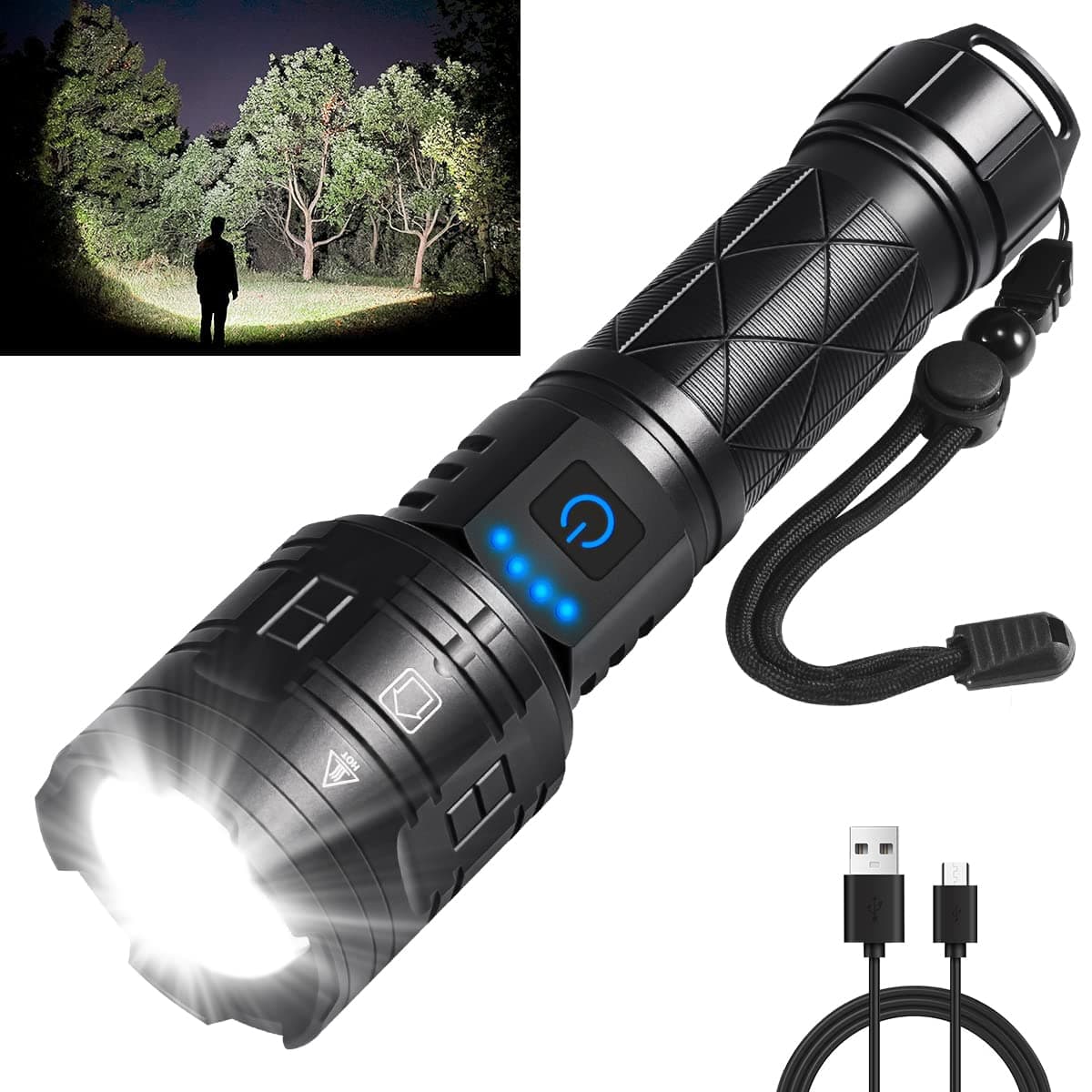 Rechargeable Flashlights High Lumens, Powerful Tactical Flashlights, 5 Modes LED Flashlight Adjustable, Brightest Flashlight Waterproof, Handheld Flash Light for Emergencies, Home, Camping, Hiking