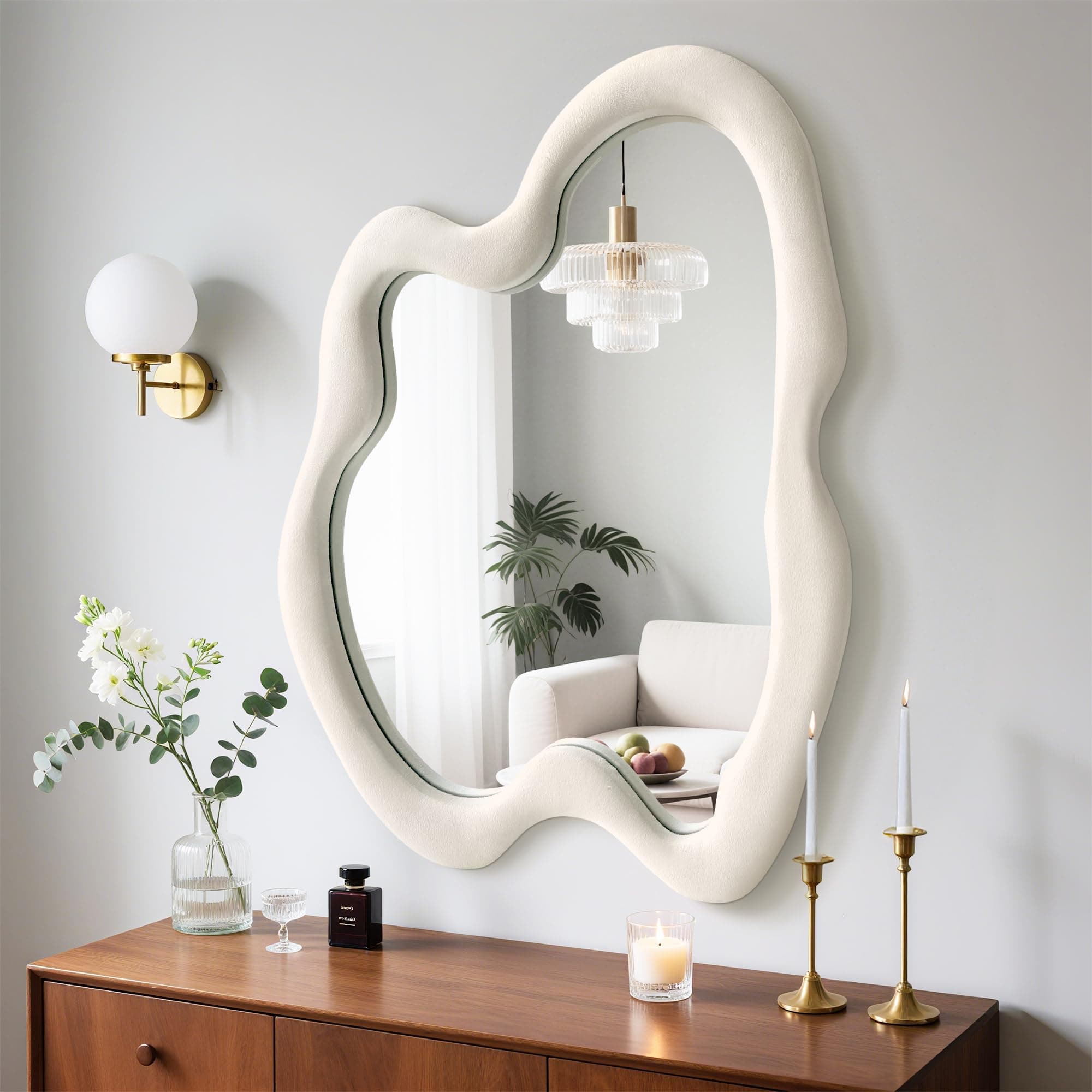 Irregular Wall Mirror Asymmetrical Mirror, White Wavy Mirror with Flannel Frame, Decorative Wall Mirror for Bedroom, Livingroom, Entryway, 20"x 28"