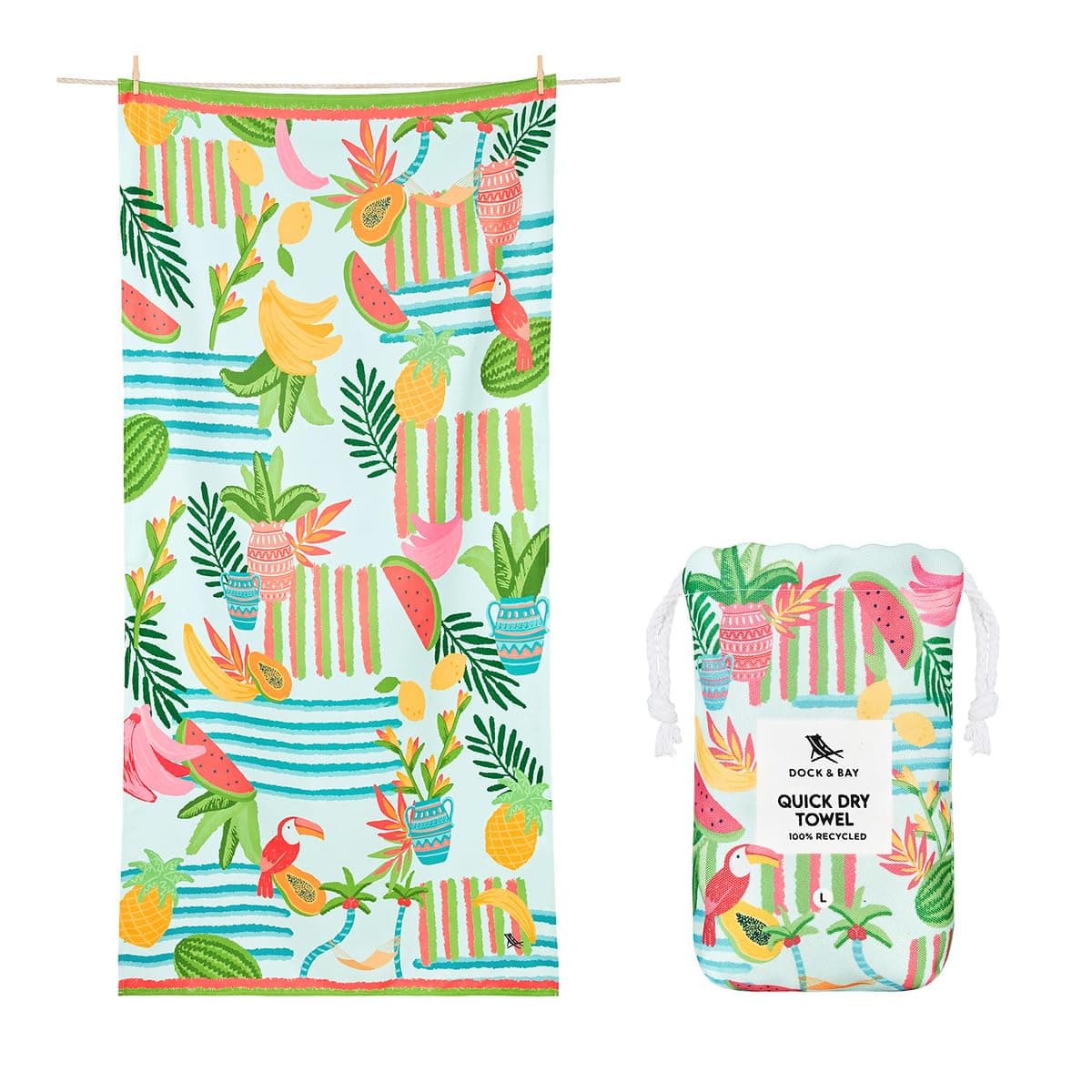 Dock & Bay Beach Towel - Quick Dry, Sand Free - Compact, Lightweight - 100% Recycled - Includes Bag - Tropicana Treat, Extra Large (200x90cm, 78x35)