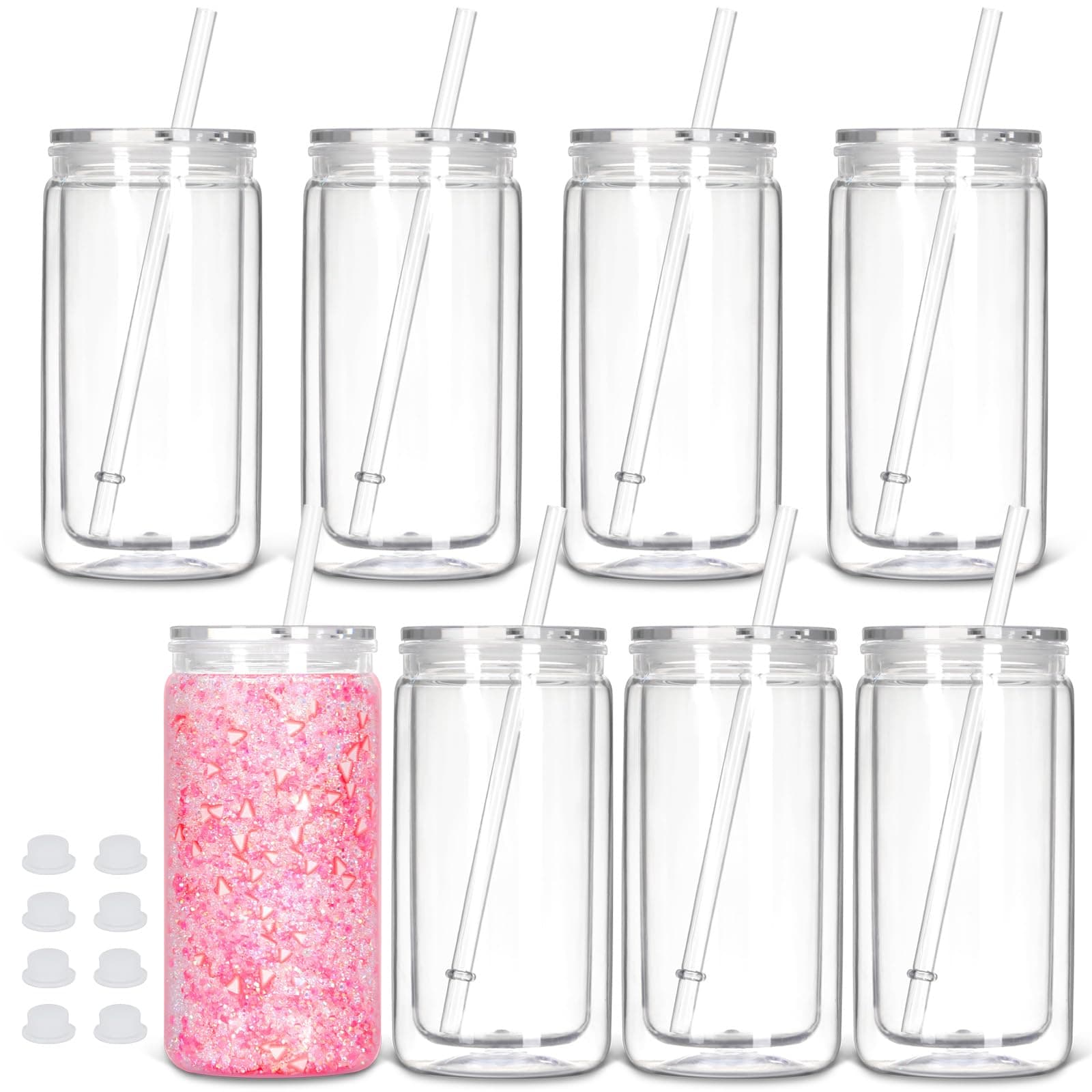 8 Pack Snow Globe Plastic Tumbler, Glitter Snow Globe Plastic Cup, Gift 16oz with Lid and Straw, Double Wall Insulated