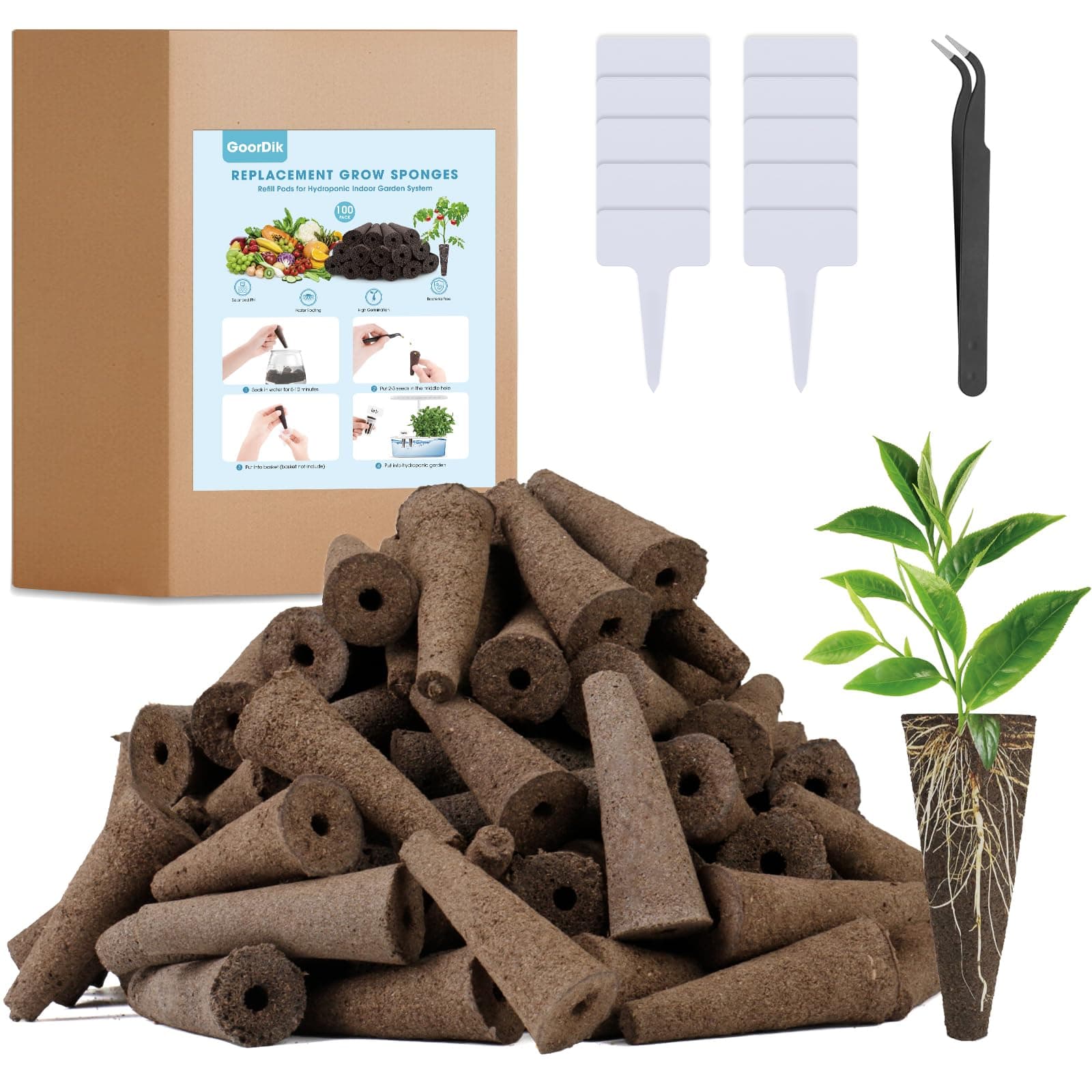 GoorDik 100 Pack Grow Sponges, Replacement Root Growth Sponges Seed Pods Compatible with AeroGarden, Seed Starter Sponges Kit with 10 Plant Labels and 1 Tweezers for Hydroponic Indoor Garden System