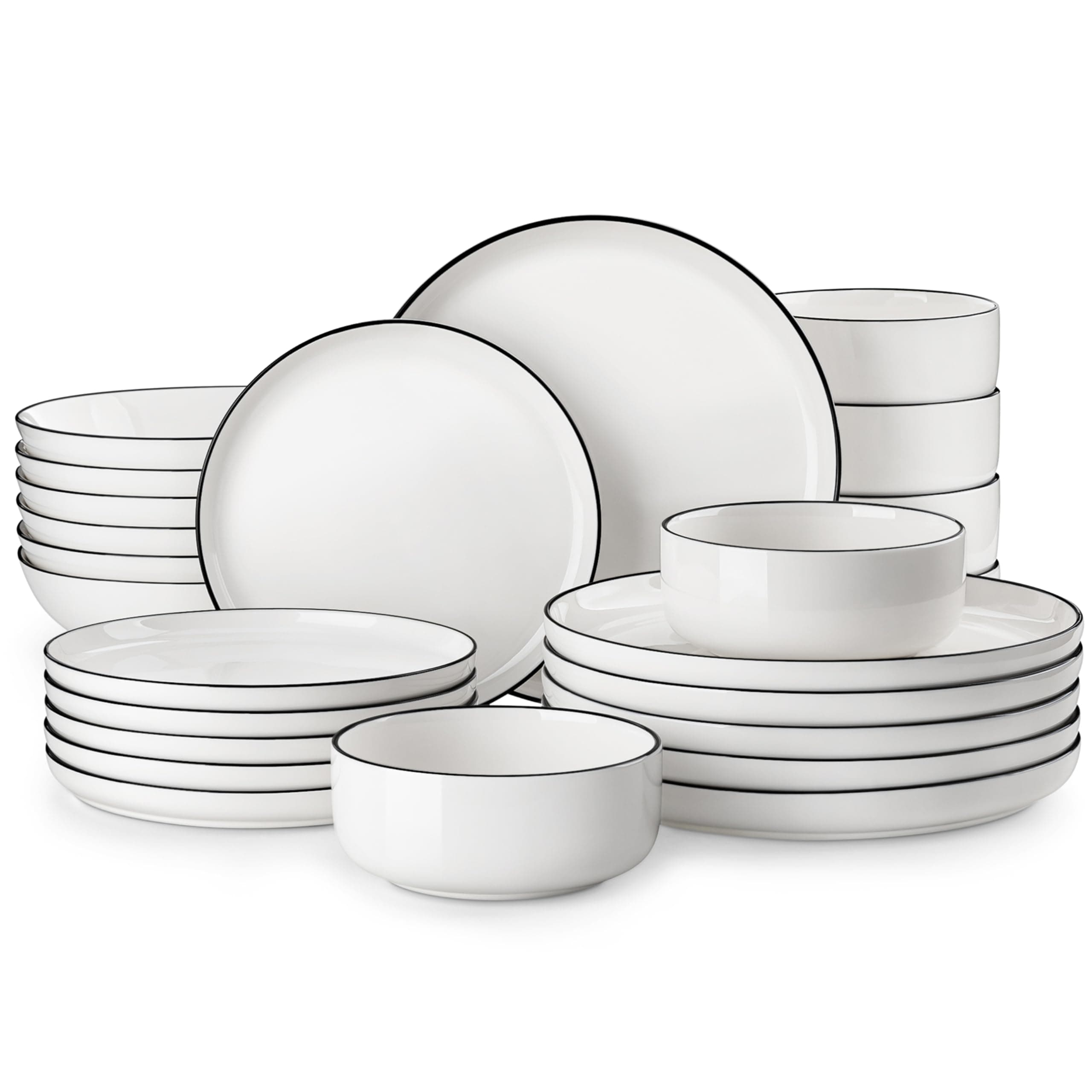 Plates and Bowls Sets, 24 Pieces Porcelain Dinnerware Sets Dishware Sets Ceramic Dish Set Dining Dinner Ware Set for 6, White With Black Rim, Series LUNA