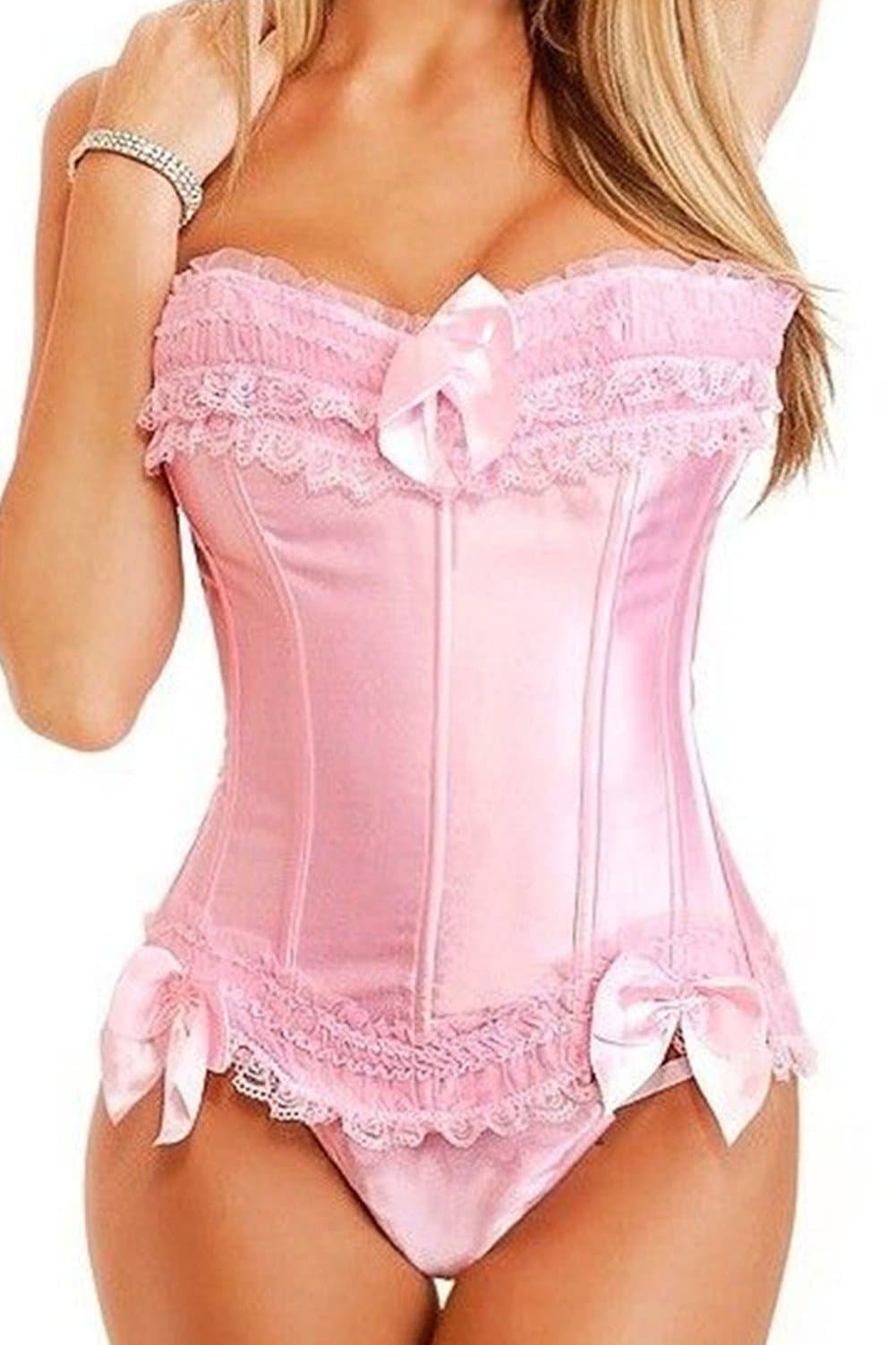 Basque Satin Lace up Back Bustier Corset Top Size S-6XL