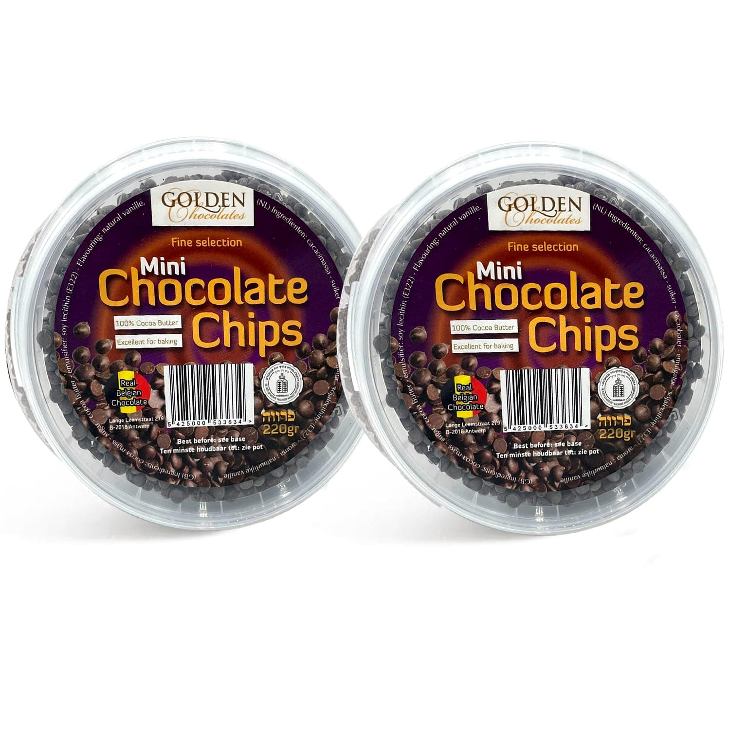 Mini Chocolate Chips - Pack of 2 x 220G - Made with 100% Cocoa Butter and Real Belgian Chocolate - Kosher Certified Chocolate Chips - Perfect Chocolate Sweets for Baking and Variety of Recipes