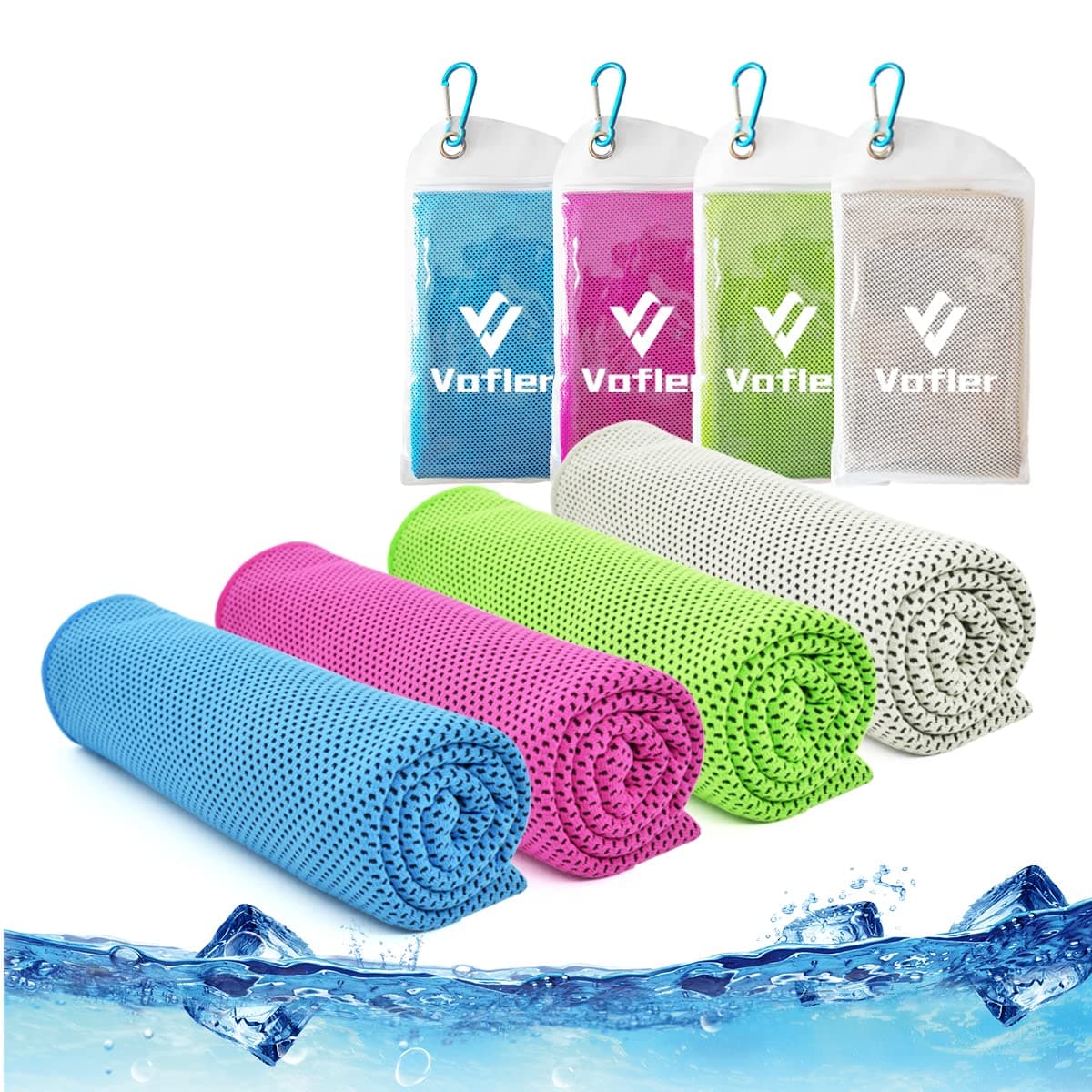 Cooling Towel,Vofler [4 Pack] Cool Towels Microfiber Chilly Ice Cold Head Band Bandana Neck Wrap (40"x 12") for Athlete Men Women Youth Kids Dogs Yoga Outdoor Golf Running Hiking Sports Camping Travel