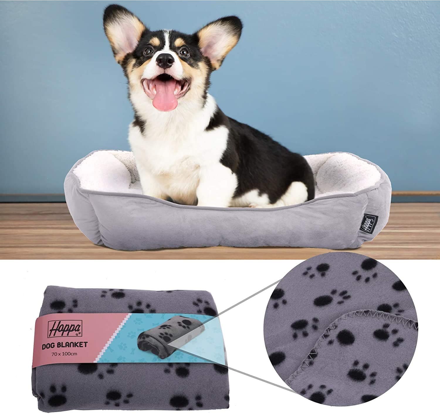 Hoppa Plush Soft Rectangular 61x48x16cm Faux Suede Non Slip Dog Bed with Blanket Machine Washable Small Grey