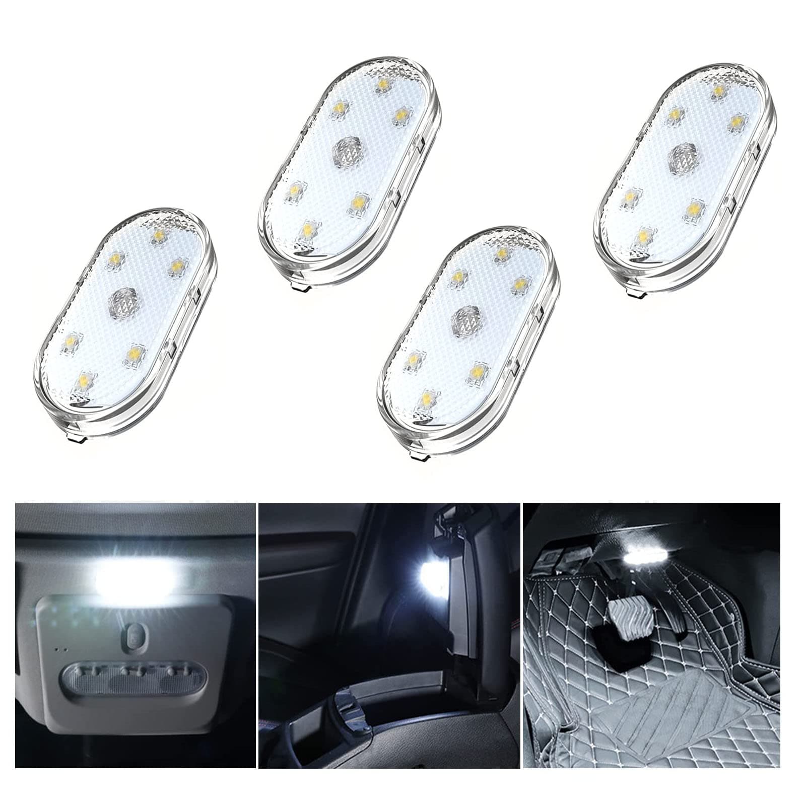 HBSTUDIO Car LED Lights Interior Wireless, Portable White Interior Car Lights, USB Rechargeable Car Interior Led Night Light(4Pcs)