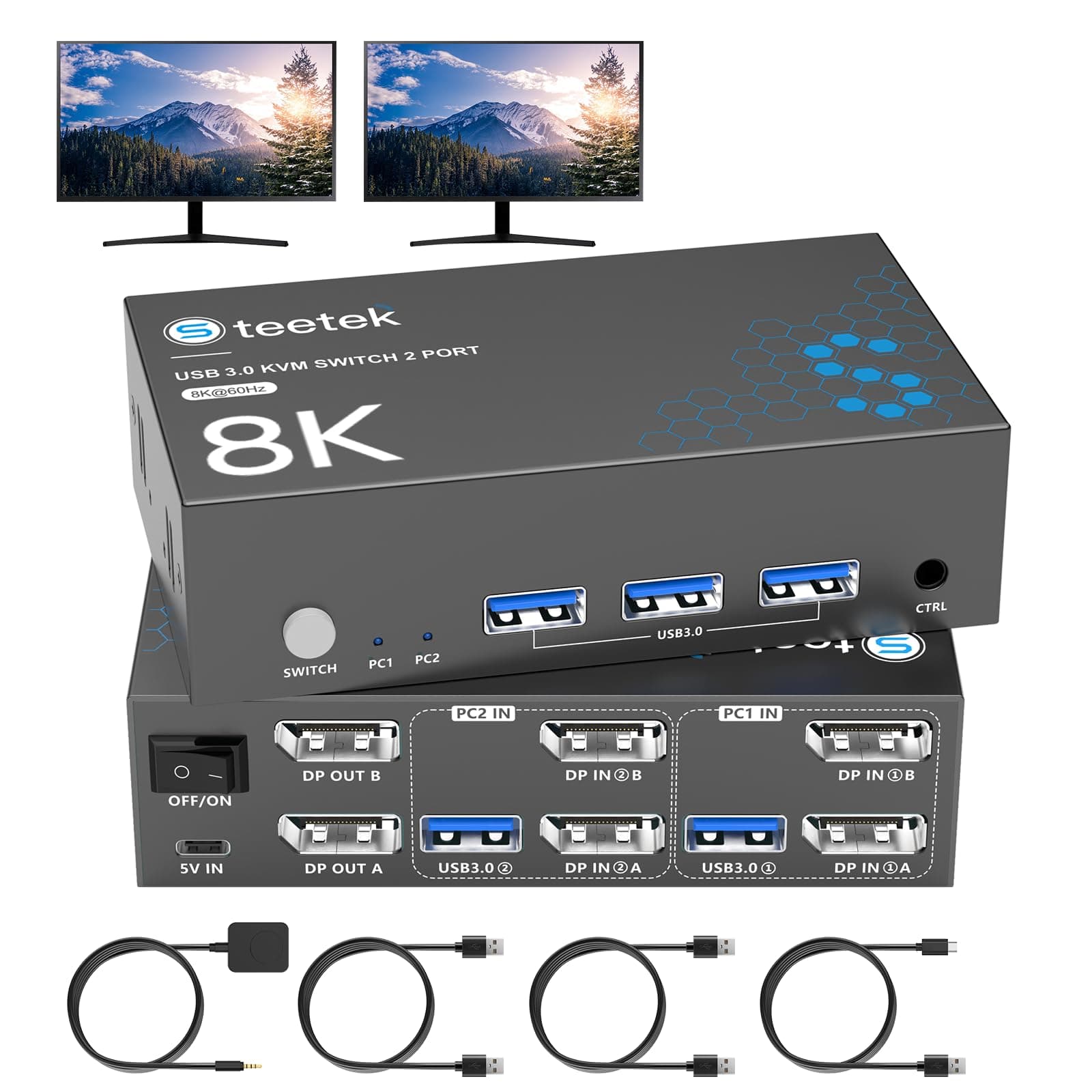 Hearvo 8K@60Hz KVM Switch 2 Monitors 2 Computers DisplayPort, USB3.0 KVM Switches, 4K@120Hz Dual Monitor for 1 Set of Keyboard Mouse Printer and U Disk with EDID Adaptive 2 USB Cables -S7230P2