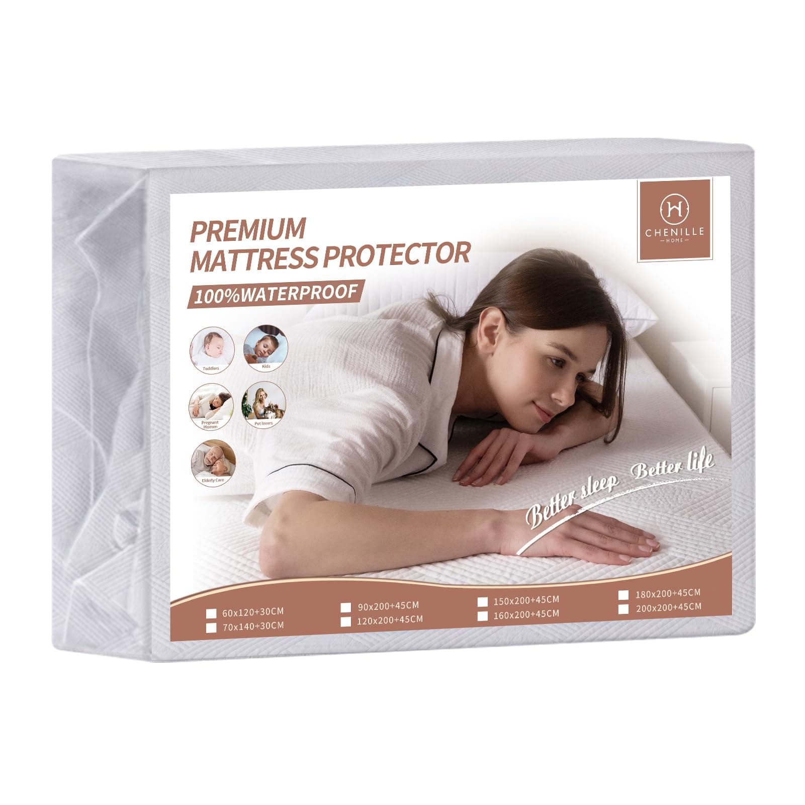 Chenille Home Bedding Premium Waterproof Mattress Protector Double Size – 3D Air Knit, 350GSM Soft Breathable Fitted Cover with Deep Pocket (120x200x45cm)
