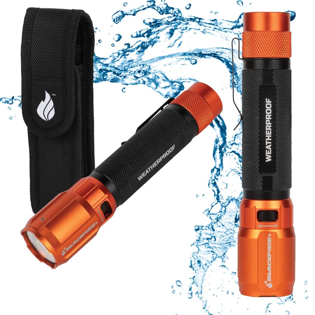 BlackfireKlein Tools Outdoors - Rechargeable 2-Color LED Weatherproof Flashlight BBM6413, 1000 Lumens, Holster and USB-C Cable Included, RED LED, Spotlight, and Flood Light, for Outdoor Use