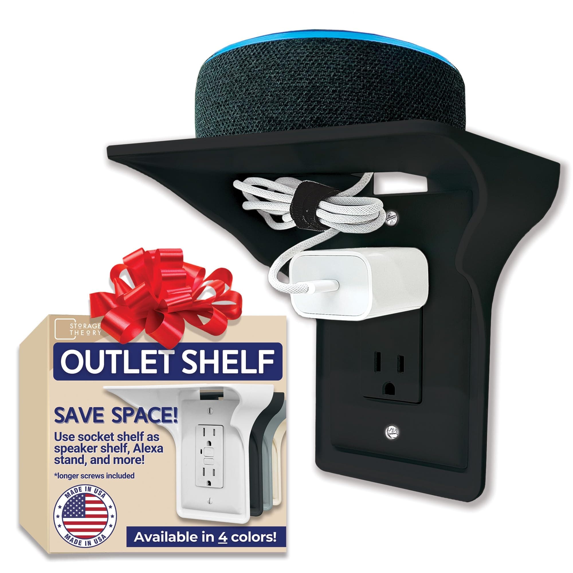 Power Perch Outlet Shelf with Cord Storage Strap – Bathroom Shelf for Electric Toothbrush and Toiletries – Small Wall Shelves for Homepod Mini, Echo Dot Stand – Easy Install, Black, 1-Pack