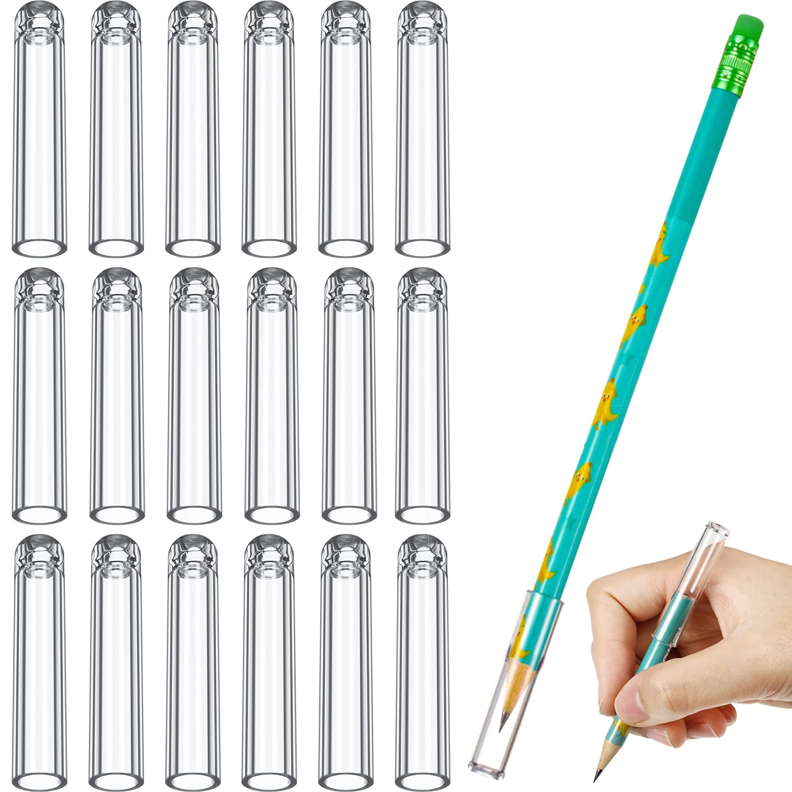 Spakon 18 Pieces Plastic Pencil Caps, Pen Tip Protector Cover Clear Pencil Toppers Caps for Wooden Pen Extender Holders for Student Classroom Gifts, Back to School Supplies(White)