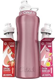 Cirkul 32oz. Rose Gold Stainless Steel Water Bottle Starter Kit with Rose Gold Lid and 2 Flavor Cartridges (1 LifeSip Strawberry, 1 GoSip Passion Fruit Dragon Fruit) No Sugar, Zero Calorie Drink Mix