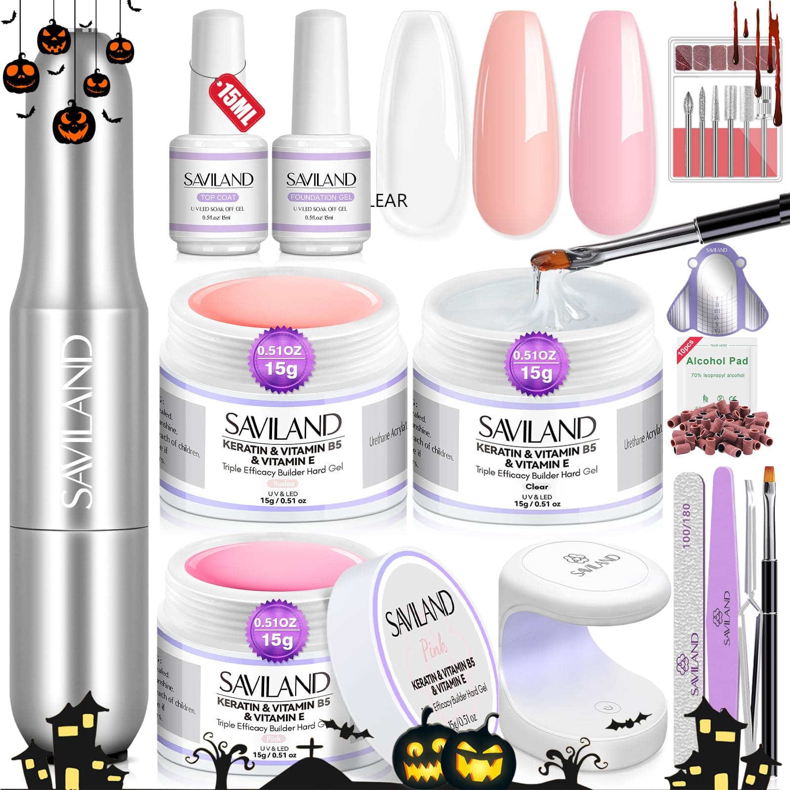 SAVILAND Builder Gel Set with Nail Drill – 3 Pcs Hard Gel(VE&VB5&Keratin) Clear Pink Nudes, Lamp & Brush Included, Strengthener for Extension Shaping DIY Home Salon