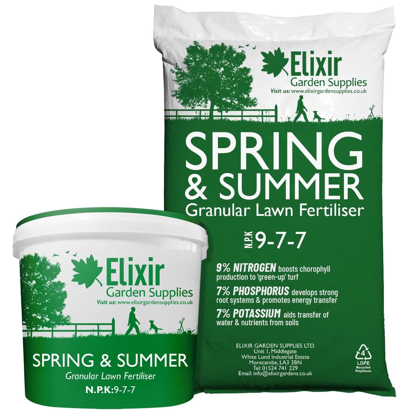 Elixir Gardens Spring & Summer 9-7-7 | Treats 712 sq.m | Granular Lawn Fertiliser/Turf & Grass Feed/Food | 25kg Bag