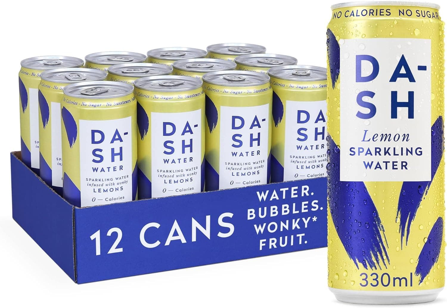 DASH Water Lemon - 12 x Lemon Flavoured Sparkling Spring Water - NO Sugar, NO Sweetener, NO Calories - Infused with Wonky Fruit (12 x 330ml cans)