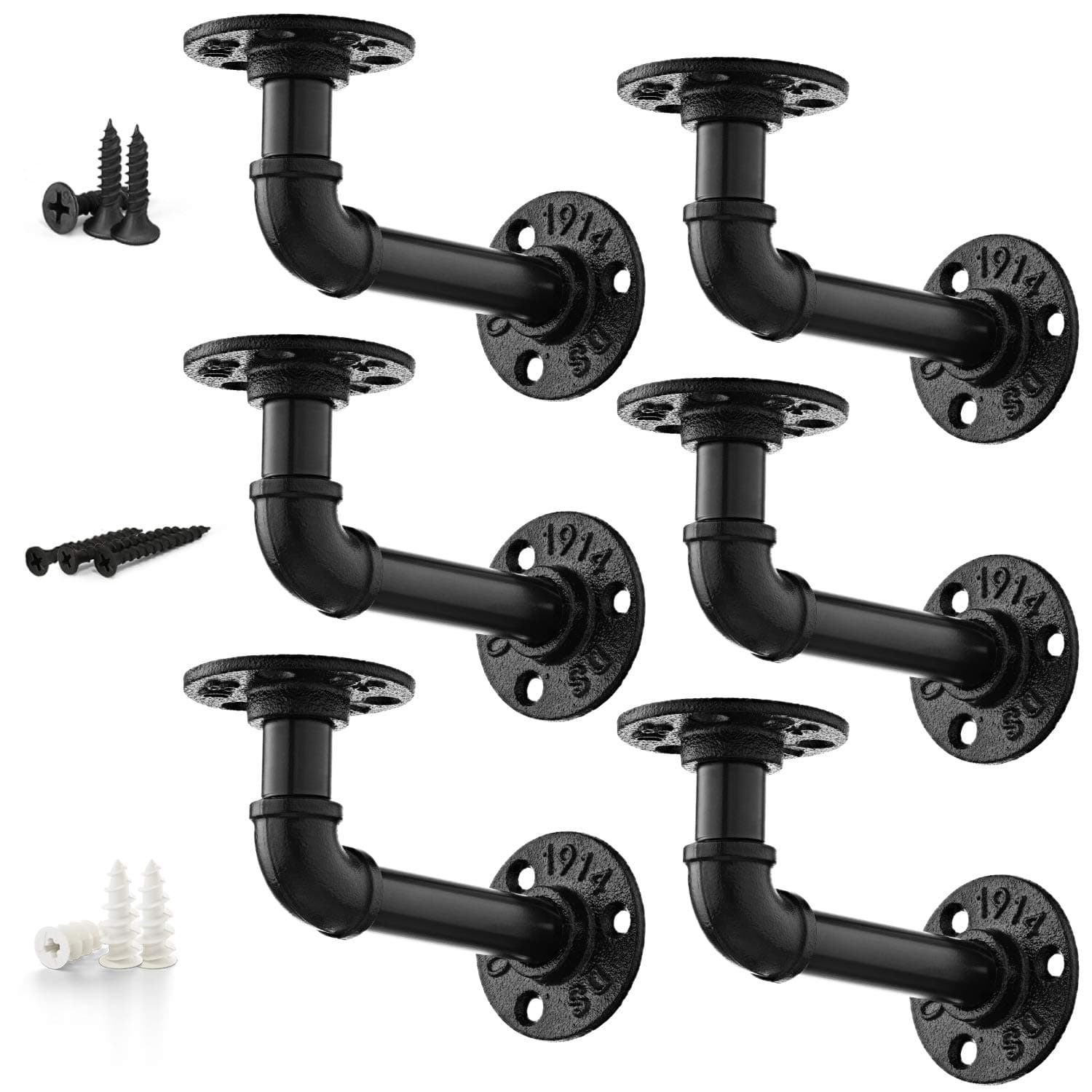 Pipe Bracket (6 Packs Black) for 6 8 10 12 14 inches Board - Industrial DIY Pipe Shelf Bracket for Wood Floating Shelf Vintage Look - Rustic Pipe Decor Wall Mount with All Accessories Needed