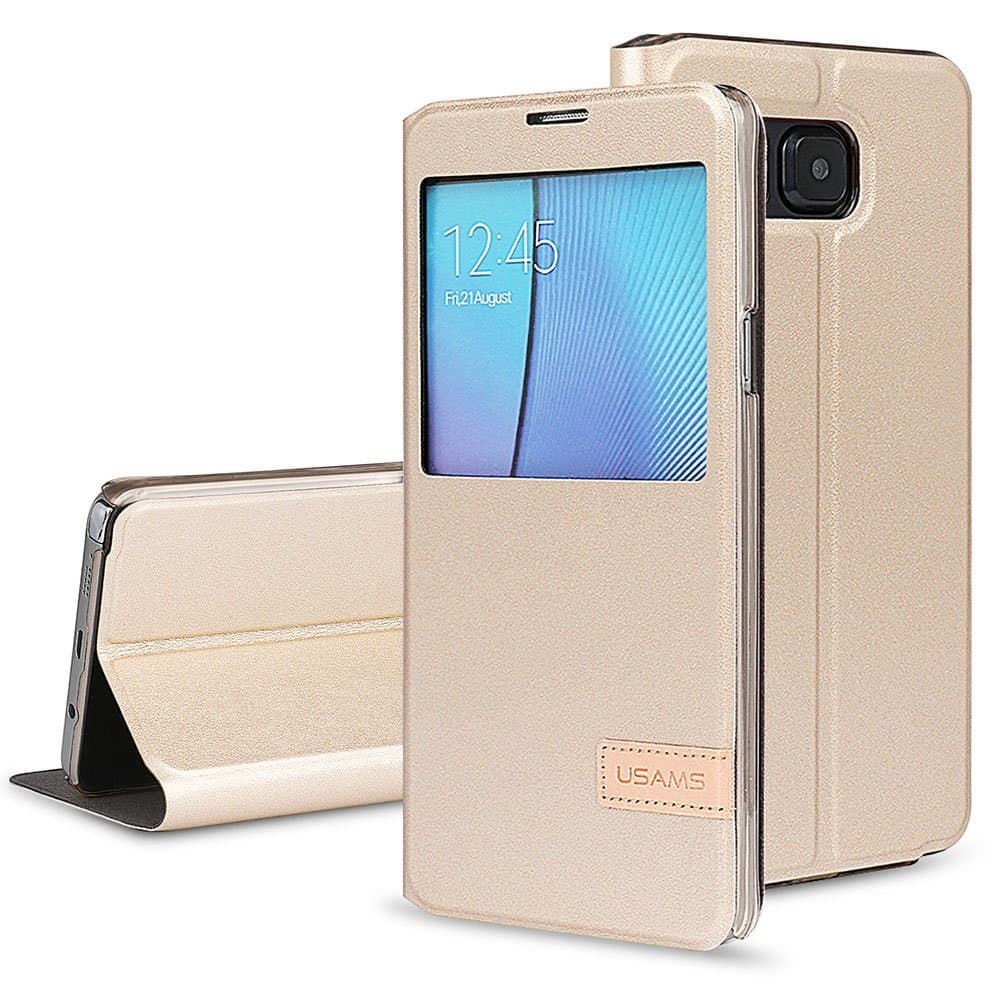 Patented Smart Cover - Galaxy Note 5 Case, USAMS & Kollea Flip Cover W Bonus Smart APP Auto On/Off for Samsung Galaxy Note 5 - Gold