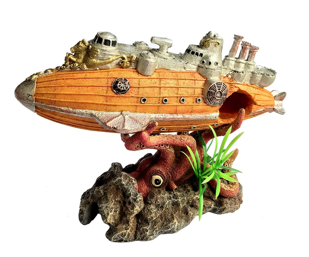 XiR Aquarium Decorations Submarine & Devil Octopus 8.9" Fish Tank Shipwreck Decor Sunken Ship Ornament