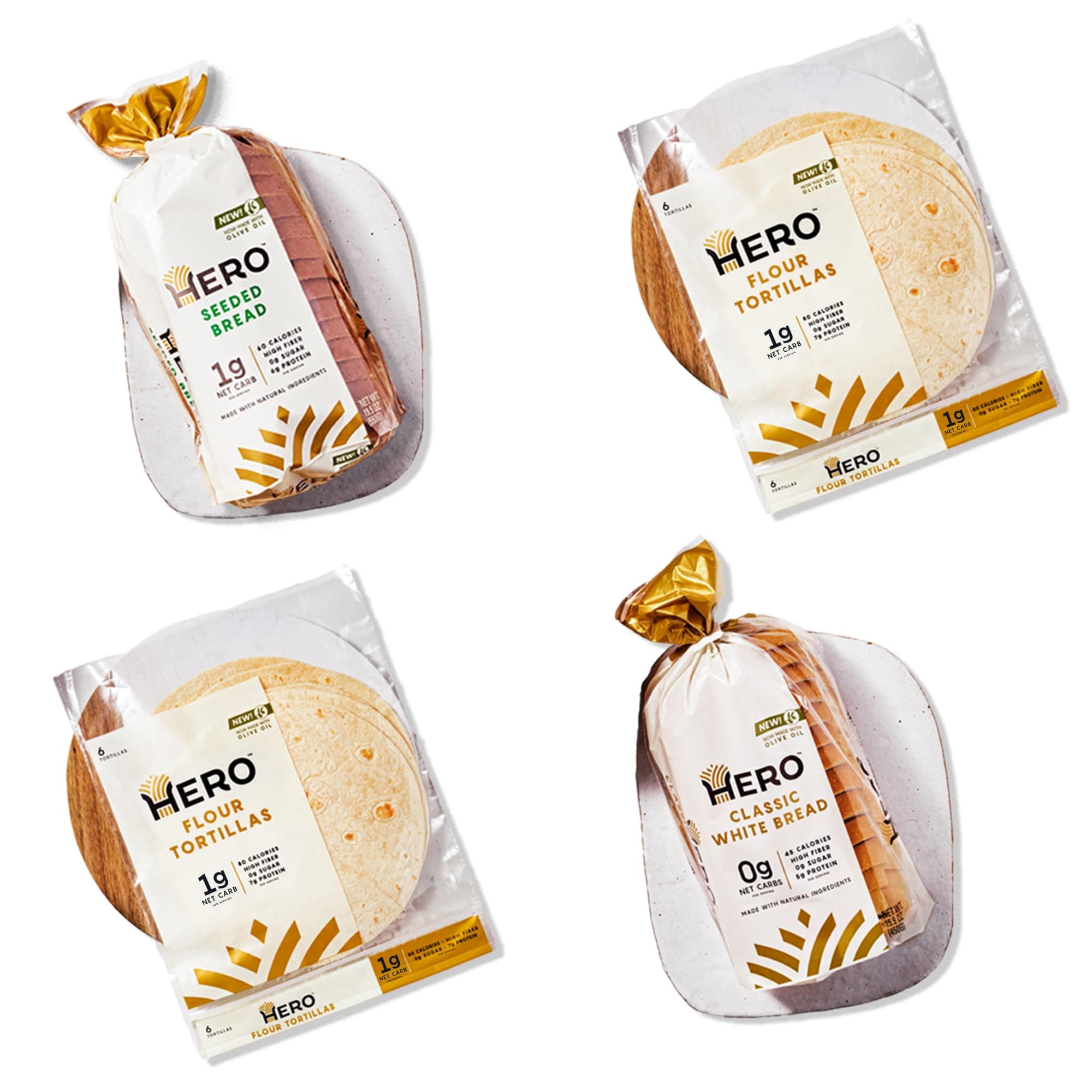 Hero Triple Threat Bundle — 1g Net Carb Seeded Sandwich Bread, 0g Net Carb White Bread, 0g Net Carb Flour Tortilla | 0g Sugar, High Fiber & <100 Calories per serving | Net Low Carb & Keto-Friendly