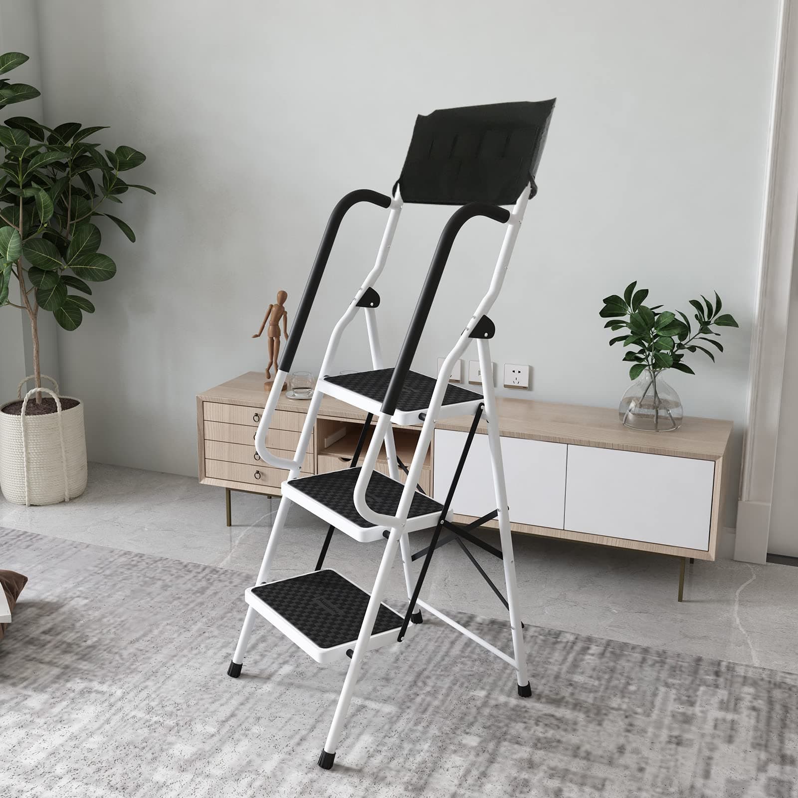 3 Step Folding Ladder 330 LB Capacity with Handrails and Attachable Tool Bag