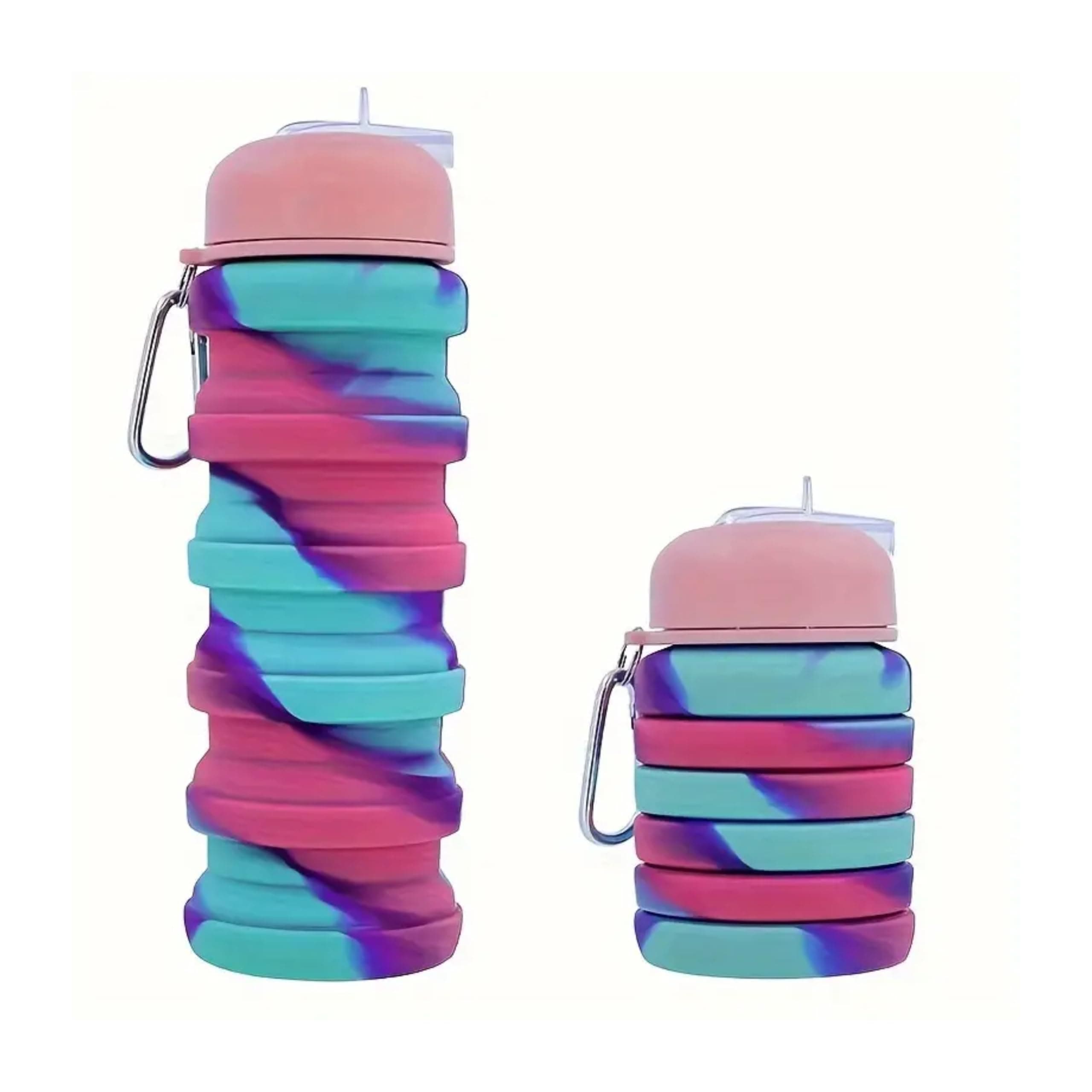 ROLL RIDE FUN Silicone Collapsible Water Bottles, 500ml Portable Foldable Expandable Water Bottle Sports Cups with Carabiner, Leak Proof Reusable BPA Free, for Outdoor Activities Travel (Teal Pink)