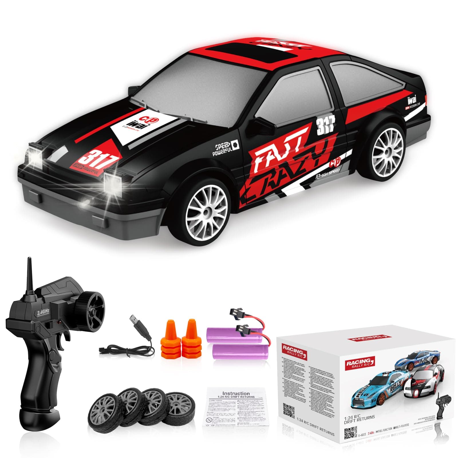 RC Drift Car Remote Control Car 2.4GHz 1:24 Scale 4WD 15KM/H High Speed Model Vehicle LED Lights Drifting Tire Racing Sport Toy for Adult Boys Girls Kids Gift 2Pcs Rechargeable Batterie