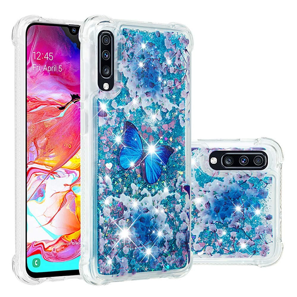COTDINFORCA Samsung A70 Case, 3D Cute Painted Glitter Liquid Sparkle Floating Bling Quicksand Shockproof Protective Bumper Silicone Case Cover for Samsung Galaxy A70. Liquid - Blue Butterfly