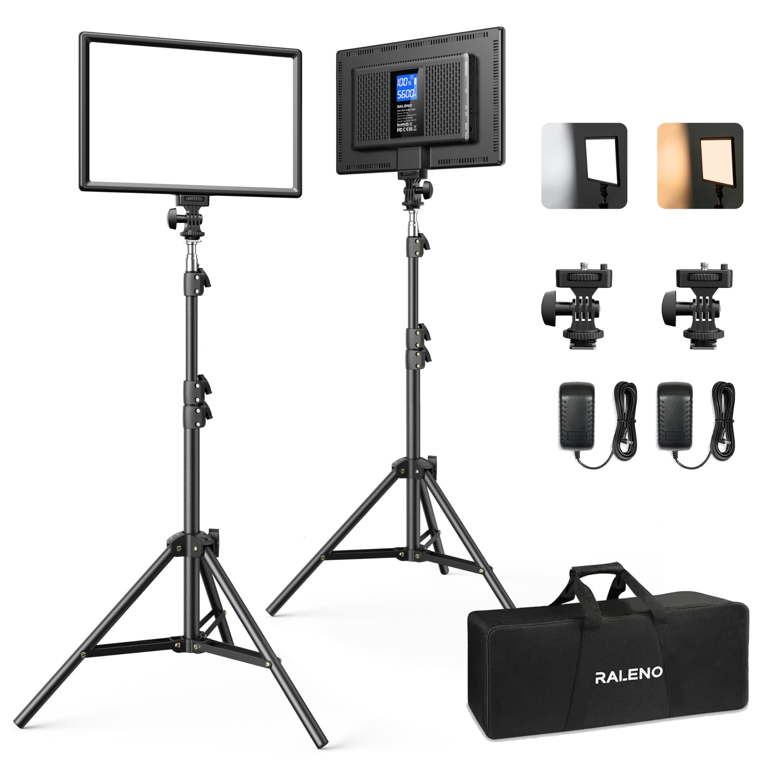 RALENO 2-Pack 13" LED Video Light Kit with 170cm Adjustable Stands and LCD Display, 2500K-6500K Bi-Color and Built-in Battery, Studio Lighting for YouTube, Streaming, Photography, Video Recording