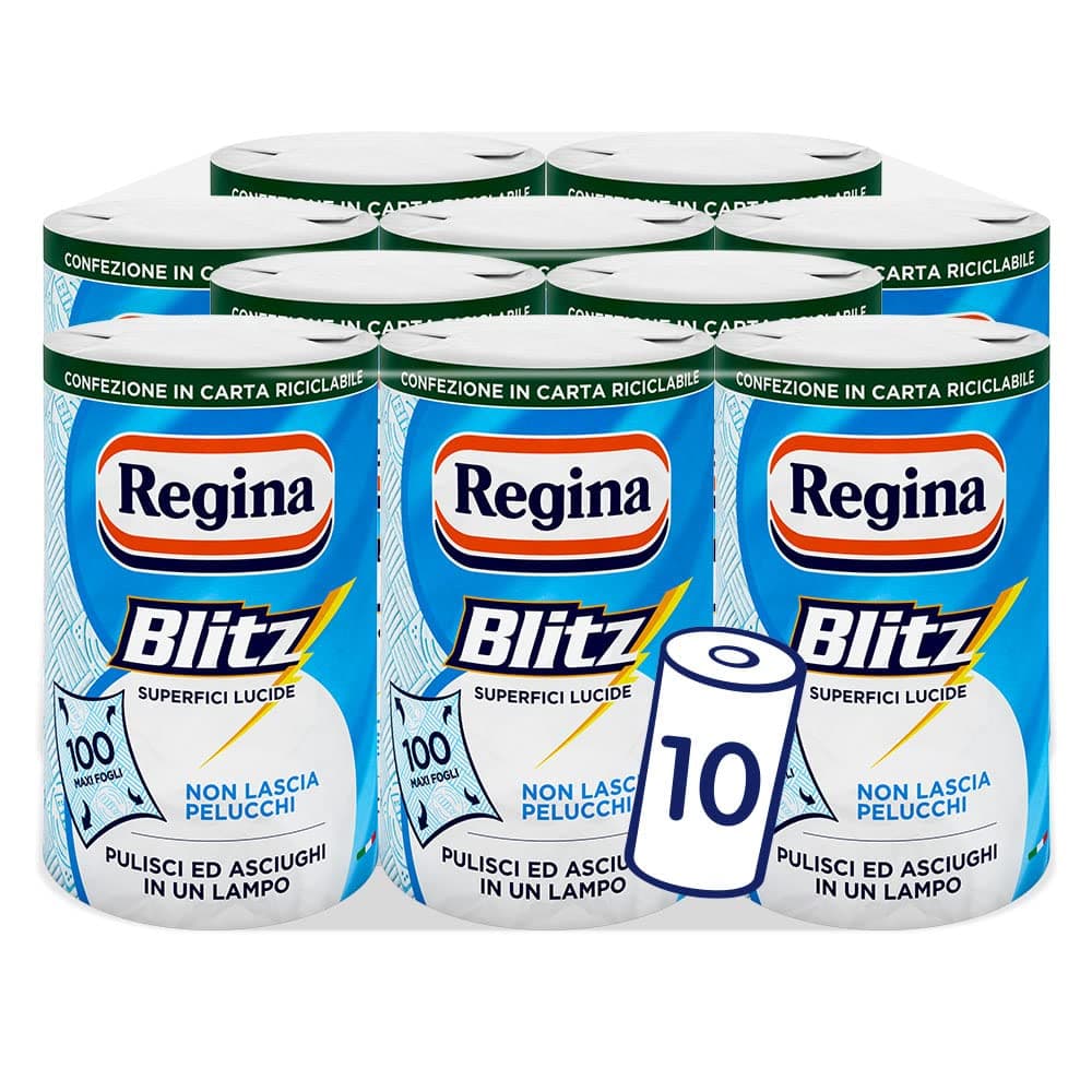 Regina Blitz Carta Casa, Pack of 10 Rolls, 100 Maxi-Leaf 3-Ply Paper, Recyclable Paper, Clean and Dry in a Flash, 100% FSC Certified Paper
