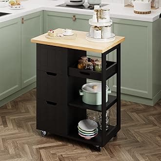 Kitchen Island with Storage Cart Rolling Coffee Small Butcher Block Table Microwave with 3 Drawers on Wheels Station Portable Mobile Narrow Moveable Utility Counter Wood Top Spaces Bar Food