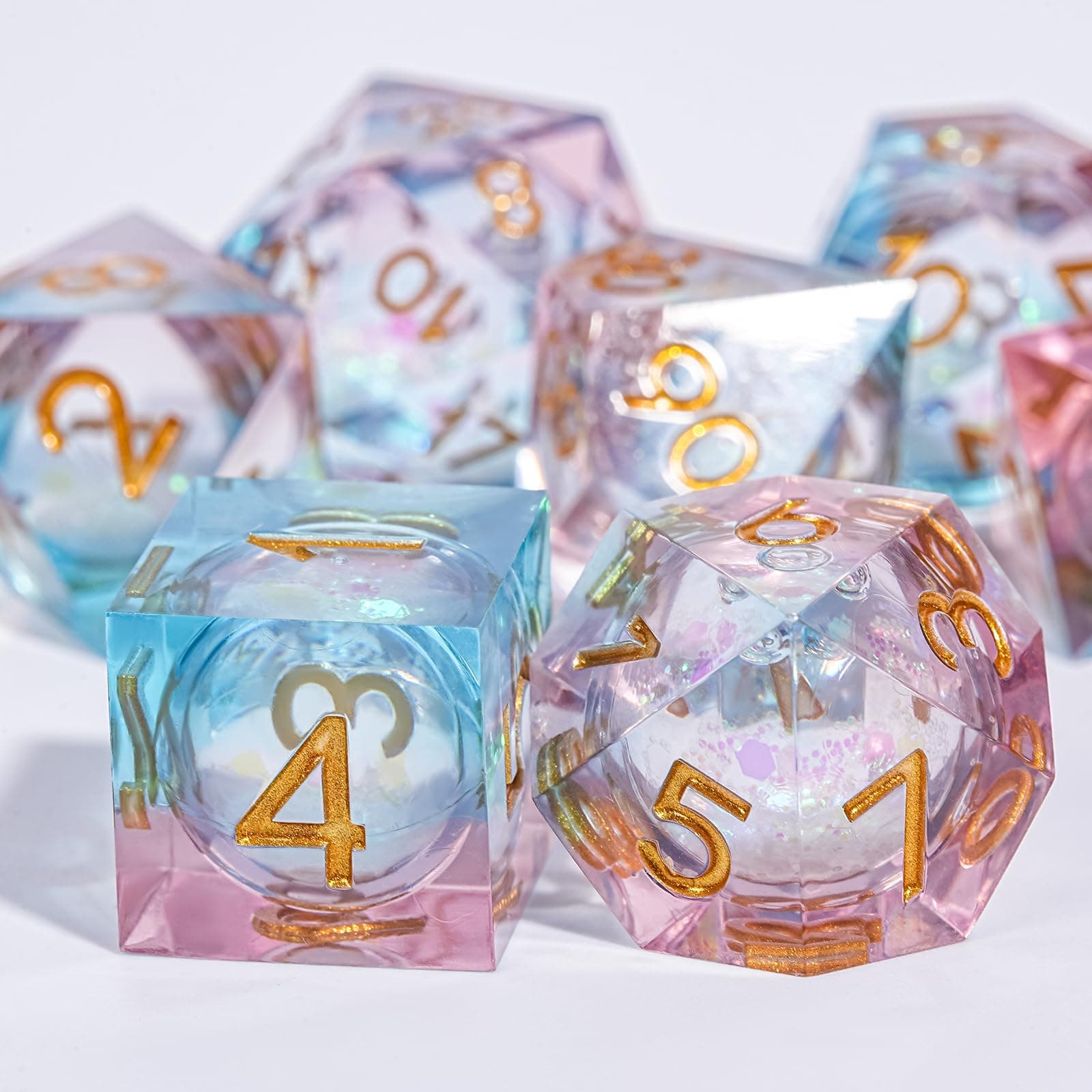 Liquid Core DND Dice Set, Powder Blue Handmade Resin Sharp Edge 7Pcs Polyhedral Dice Full D20-D4, Resin D&D Dice with Premium Gift Box for Dungeons & Dragons RPG Tabletop Game Gift
