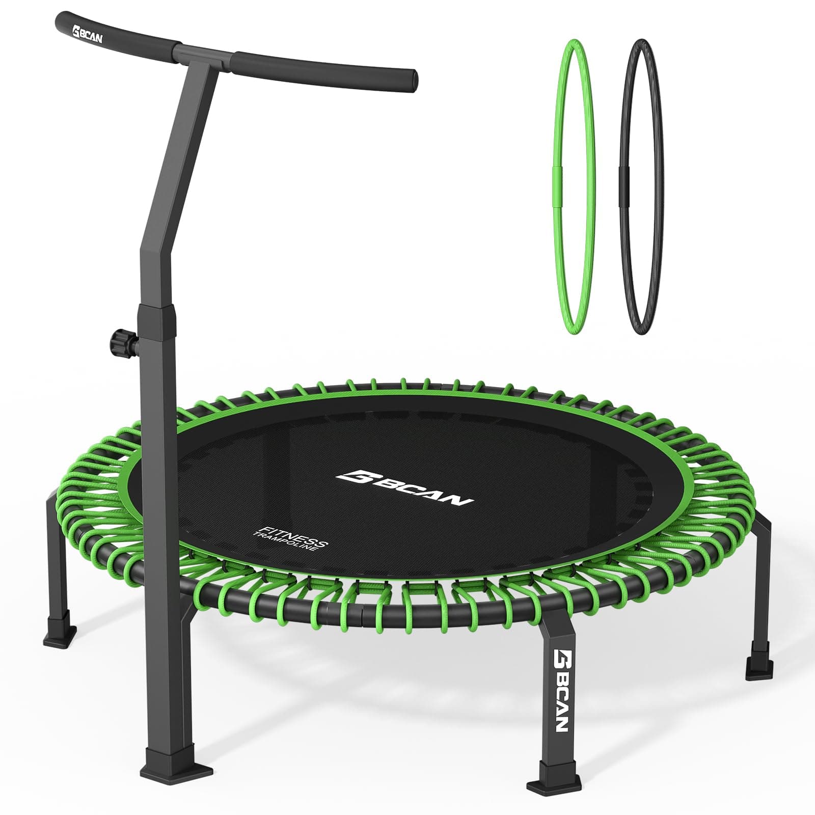 'BCAN 500/560 LBS Soft Land Mini Trampoline, 40''/48'' Fitness Trampoline, Bungees, T Shape Adjustable Foam Handle, Stable, Quiet Exercise Rebounder for Kids Adults Indoor/Garden Workout'
