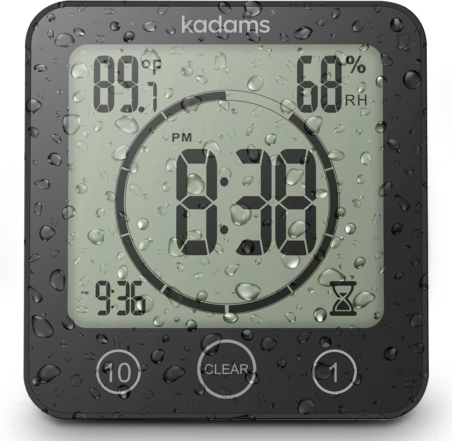 KADAMS Digital Bathroom Shower Kitchen Clock Timer with Alarm, Waterproof for Water Splashes, Visual Countdown Timer, Time Management Tool, Indoor Temperature Humidity, Suction Cup, Hole Stand - Black