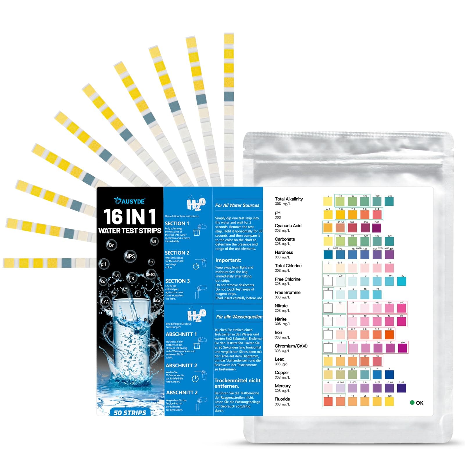 Ausyde Water Test Kit, 50 PCS 16 IN 1 Drinking Water Testing Strips, Hardness pH Manganese Nitrate Iron Nitrite Copper Chlorine Mercury & More, Plastic, 50 Count