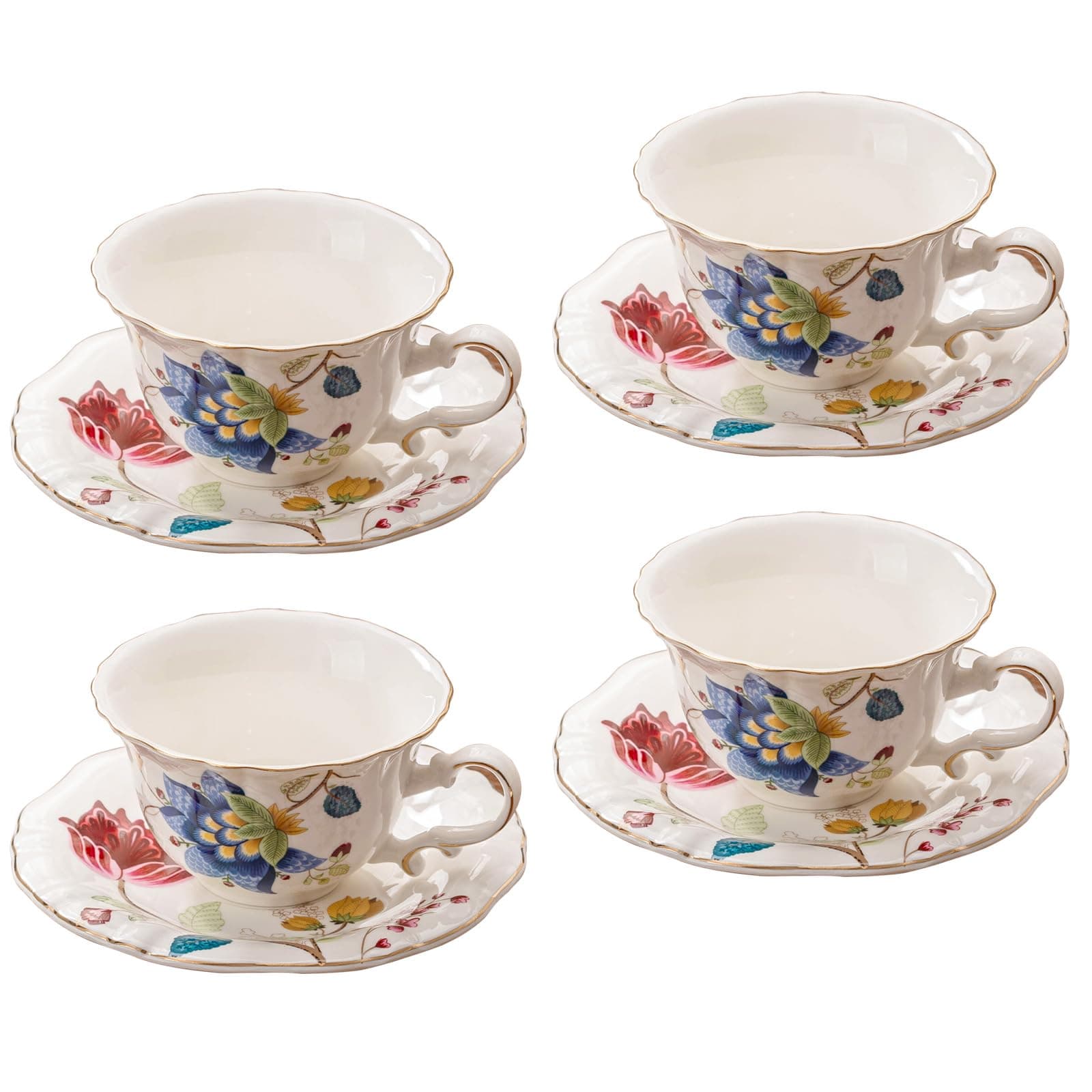 Jomop Ceramic Tea Cups Coffee Cup and Saucers Set of 4 (Blue and Red)