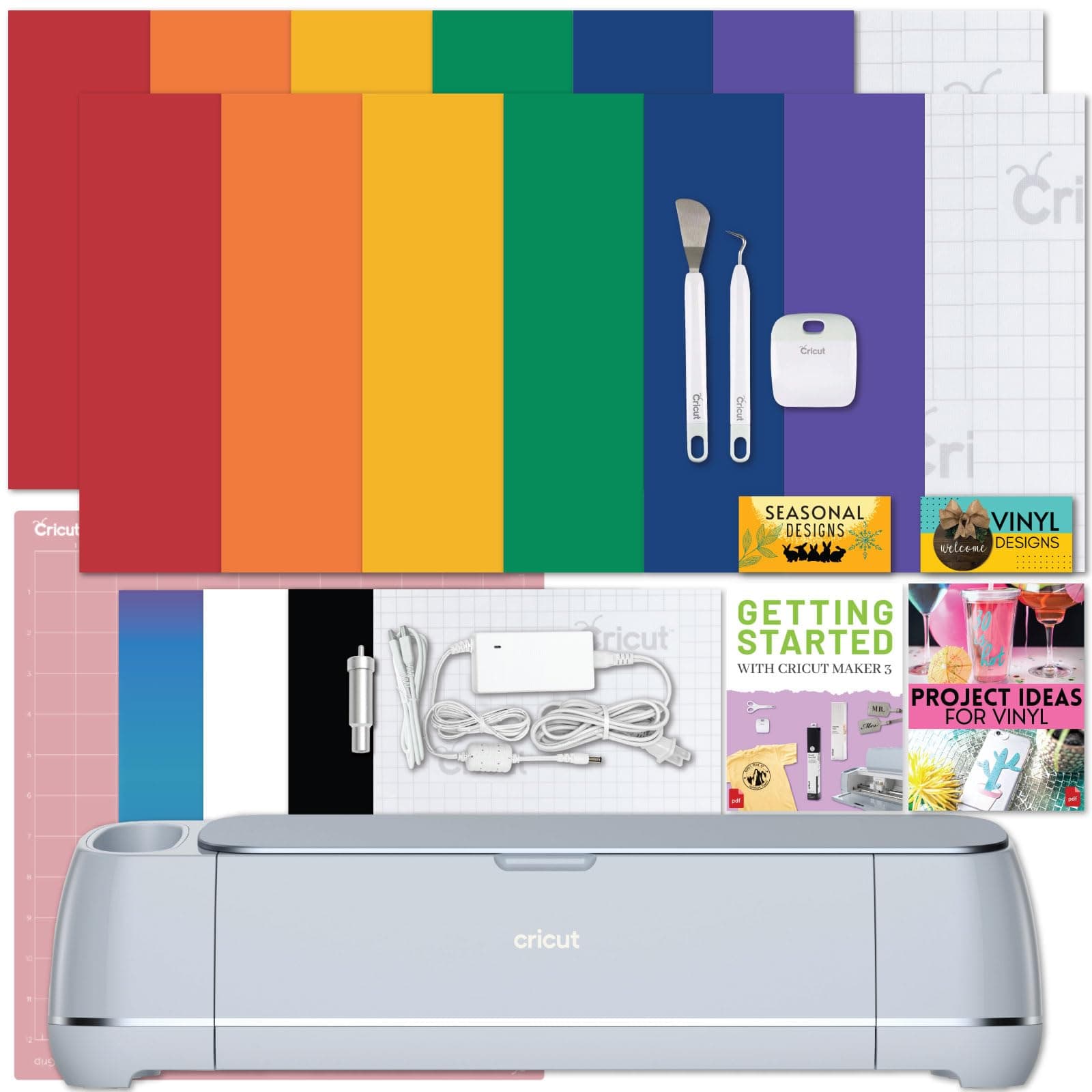 Cricut Maker 3 Cutting Machine with Rainbow Vinyl Bundle - Electronic Craft Die-Cutting Machine with Variety Vinyl, Transfer Tape and Weeding Tools, Beginner Kit, Bluetooth Connectivity