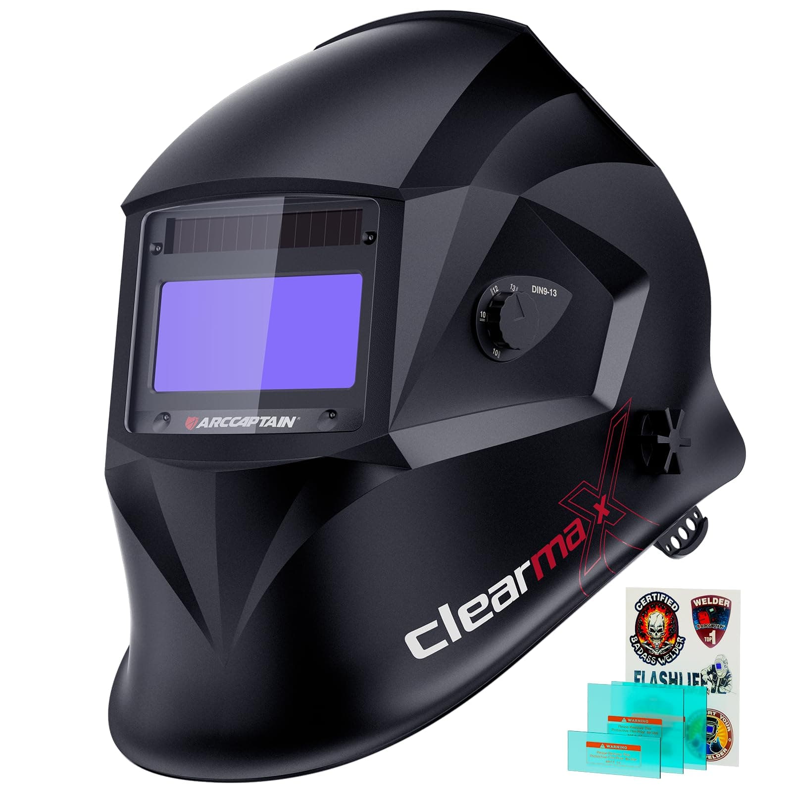 Large Viewing Screen Welding Helmet, 1/1/1/1 Top Optical Clarity Auto Darkening Welding Hood, 4 Arc Sensor 1/25000s Response Time True Color Welding Helmet with Adjustable Shade 4/9-13