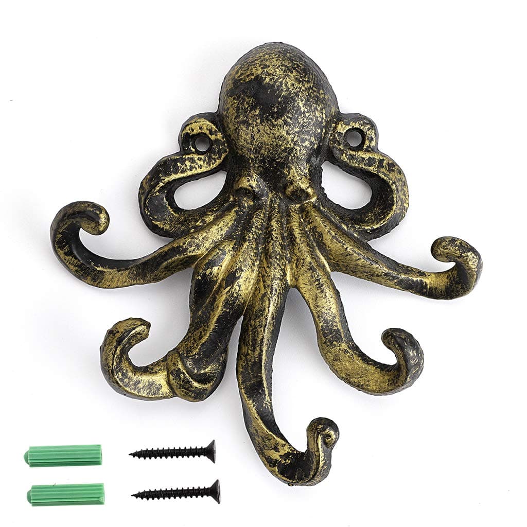 Sumnacon 6 Inch Cast Iron Octopus Decorative Coat Hook - Wall Mounted Nautical Hand Towel Rack Holder with Screws, Rustic Metal Clothing Hanger for Bedroom/Bathroom/Kitchen/Balcony, Green Bronze