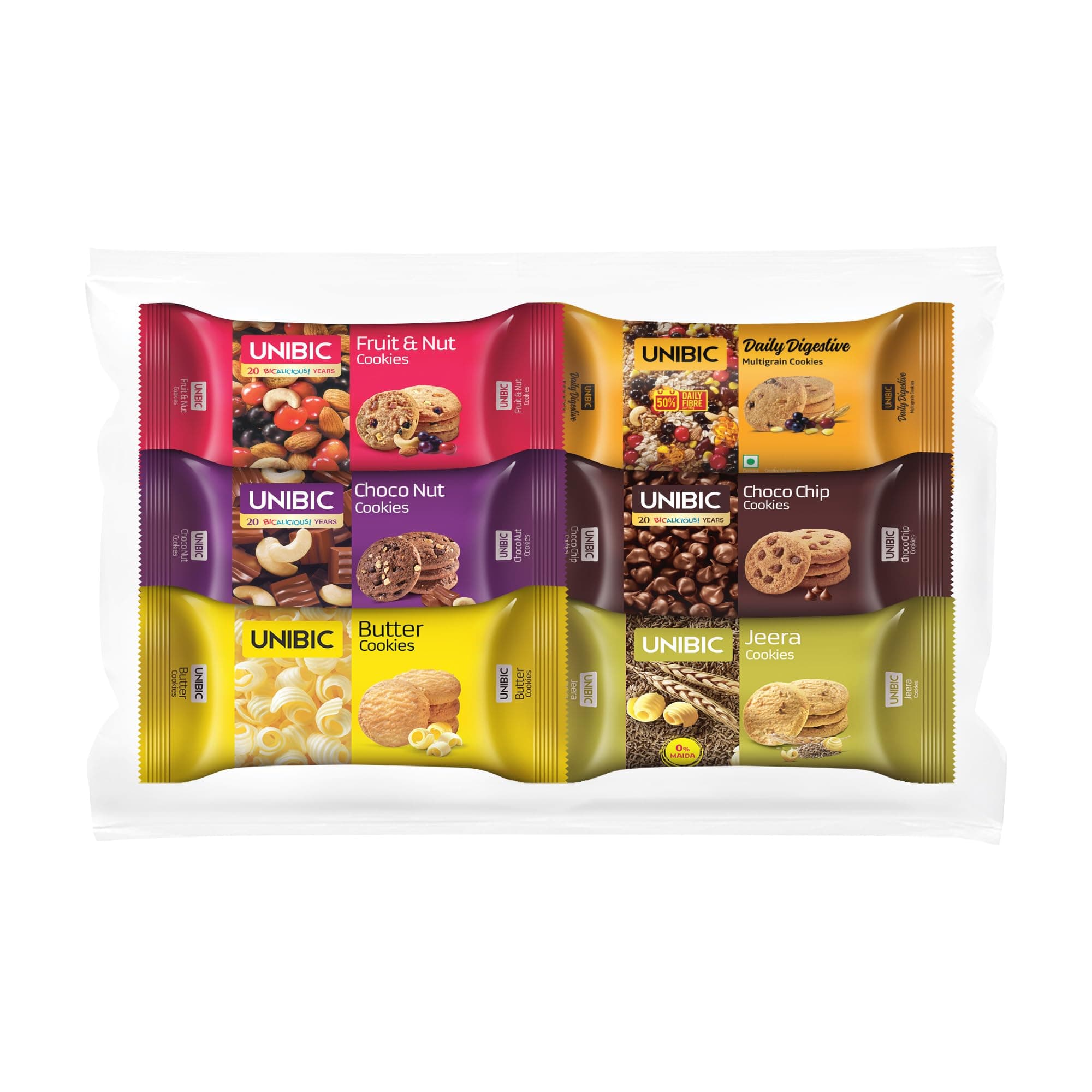 Unibic, Assorted (Pack Of 6 X 75 G/ 67.5G) | Biscuits Combo Pack | Choco Chip | Butter | Fruit & Nut | Honey Oatmeal I Jeera | Cashew | 450g / 405g Weight may Vary