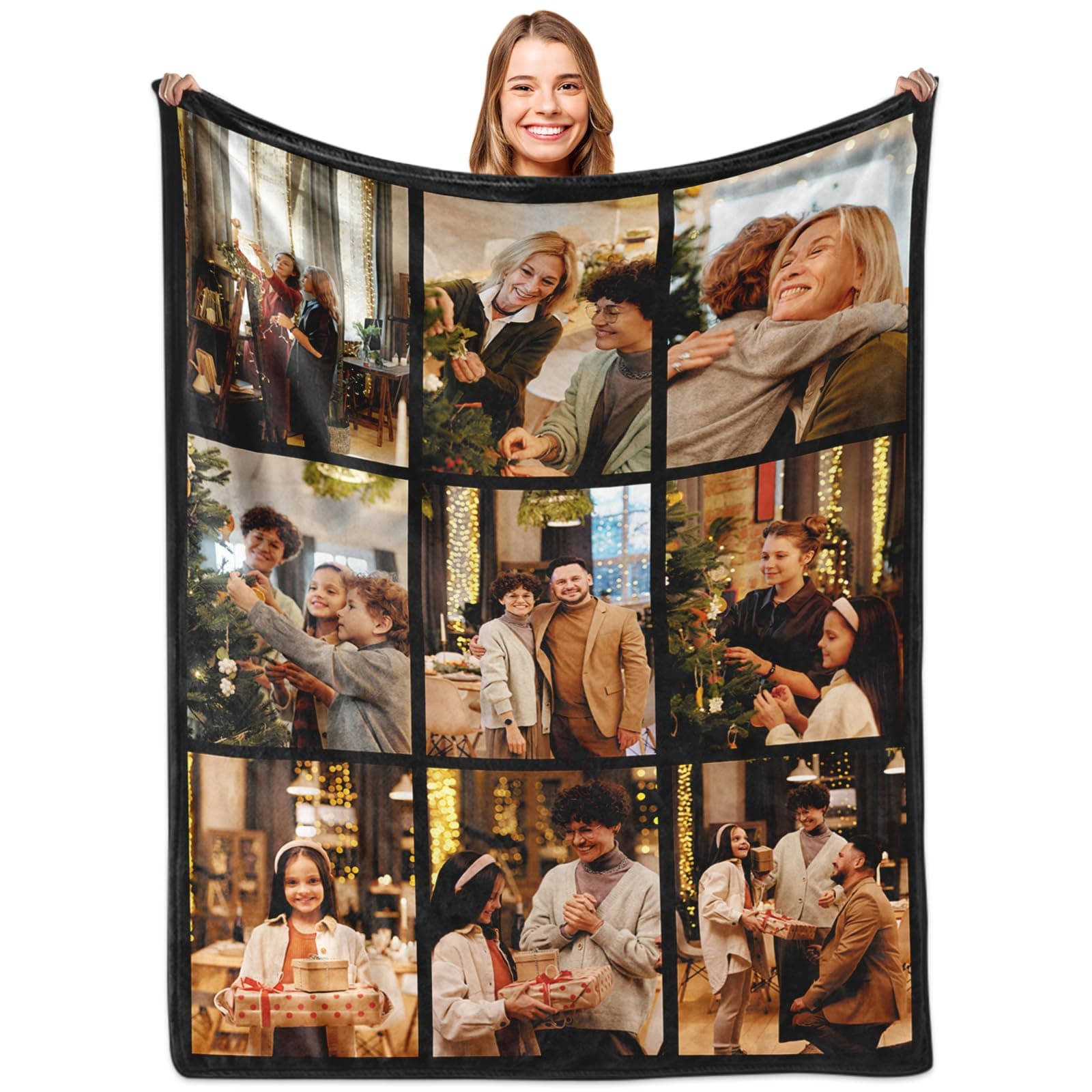 Yoke Style Ships Next Day, Custom Blanket with Picture, Personalized Throw Photo Blankets Customized Photo Gifts for Mom Dad Women Family - 9 Photos