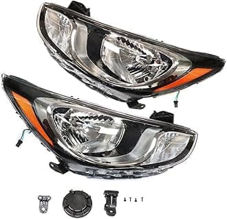 For 2012 2013 2014 Hyundai Accent Halogen Headlights, Headlight Assembly Black Shell Transparent Lens, Left Driver + Right Passenger Side (Left and Right Side)