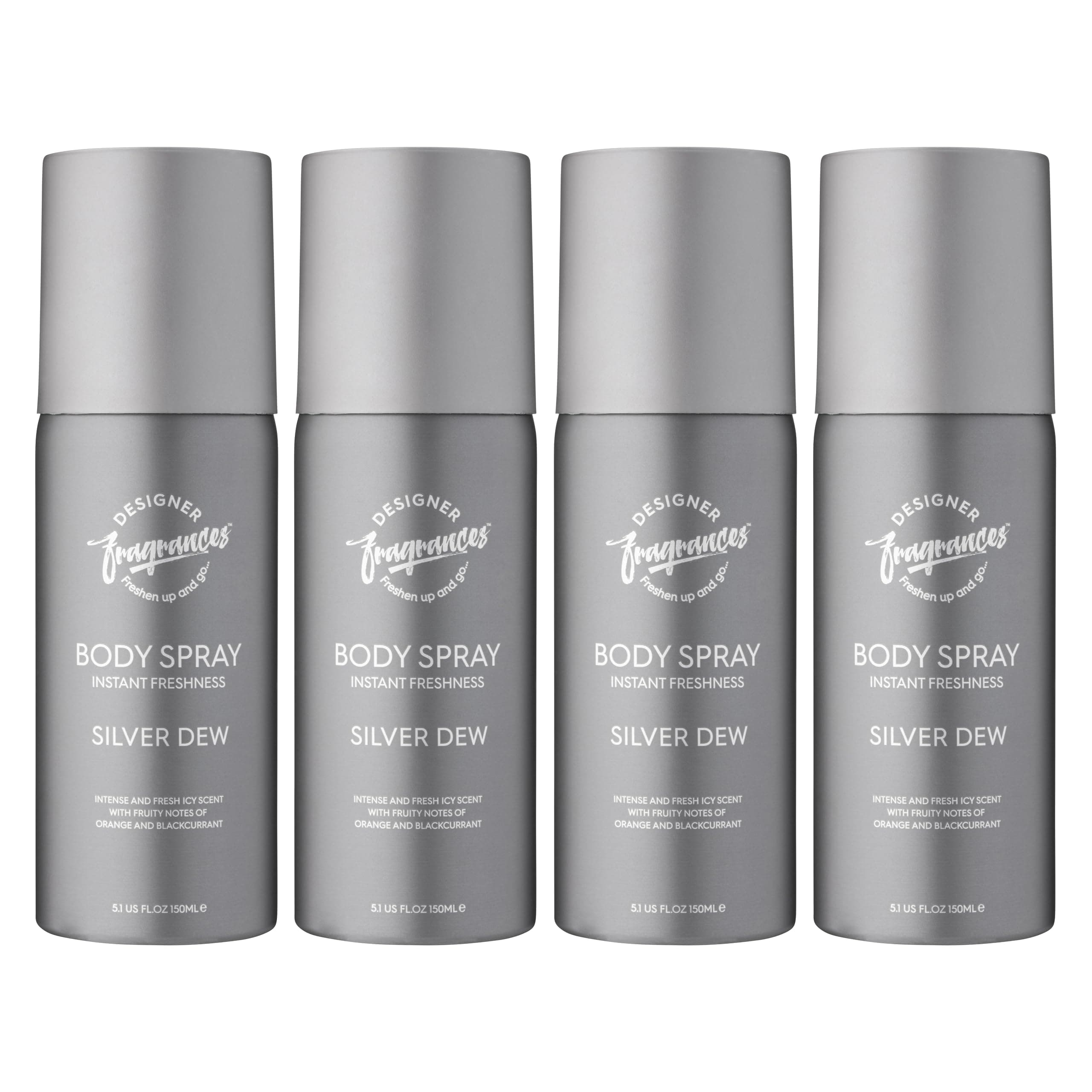Designer Fragrances 4 Pack Silver Dew Men's Body Spray Deodorant Cans - For Instant Freshness on The Go - Long Lasting Smell - Great Male Gift Sets - 150ml