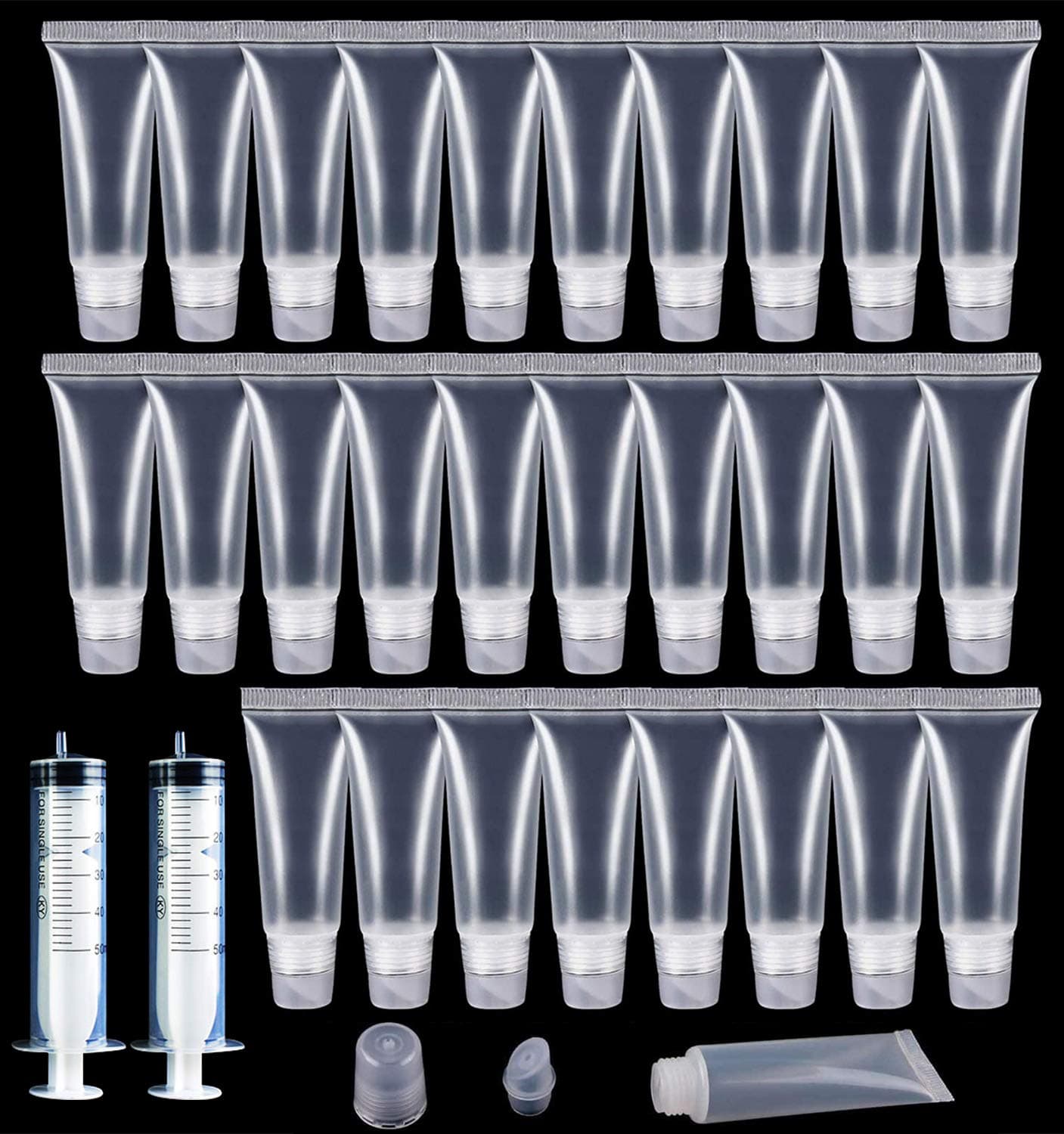 wordmo 30pcs Lip Gloss Tubes 10ml Clear Empty Bulk Cosmetic Tubes Lip Balm Containers Refillable Mini Soft Cosmetic Tubes with 2pcs 60ml Syringe for Girls Women DIY Makeup Cosmetic Accessories