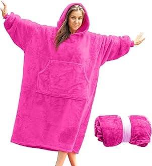 Lengthened Oversized Blanket Hoodie Wearable Blanket Sweatshirt Women - Hot Pink Hoodie Blanket Hooded Blanket Women and Men, Super Warm Blanket Sleeves and Giant Pocket