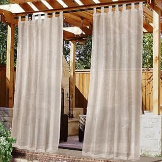 H.VERSAILTEX Outdoor Linen Sheer Curtains for Patio Waterproof - Outdoor Divider Privacy Added Light Filtering Porch Decor with Detachable Self-Stick Tab Top for Gazebo, Natural, 1 Piece, W52 x L95