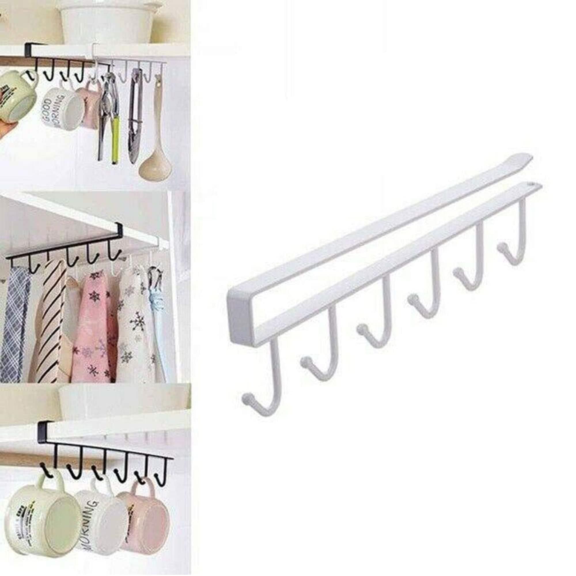 plastific 6 Hooks Tea Cup Mug Holder Under Shelf Cup Hanger Drying Rack Towel Holder Cabinet Kitchen Hanging Organizer Mug Rail Small Kitchen Items Hanging Organizer(1, White)