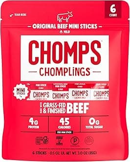 Chomps CHOMPS MINI Grass-Fed Beef Jerky Sticks, 0.5 oz, Original Beef 0.5 Ounce (Pack of 6)