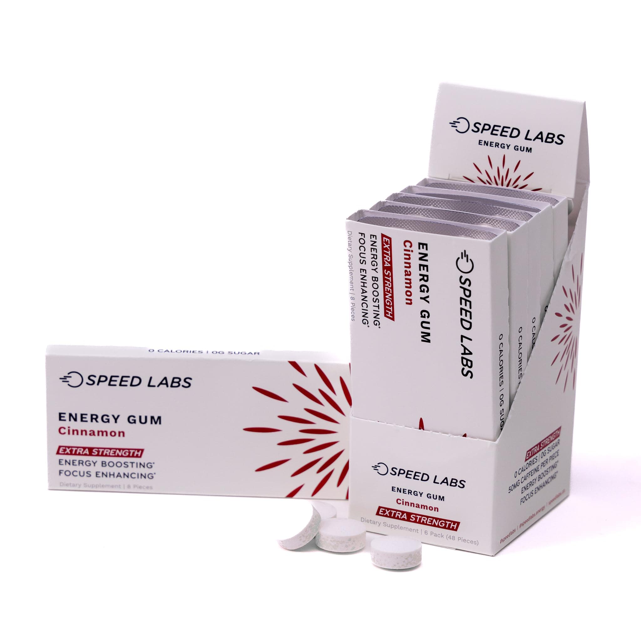 Speed Labs 50mg Caffeinated Energy Gum – Cinammon Extra Strength, Fast-Acting Energy & Focus with Micro-Encapsulated Caffeine, Sugar Free Gum with B-Vitamins & Taurine, 48 Pieces (6 Packs)