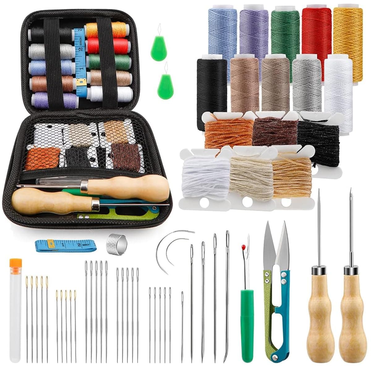 59 Pcs Leather Sewing Kit, Leather Needles for Hand Sewing, Heavy Duty Sewing Upholstery Repair Kit Waxed Thread Large-Eye Stitching Needles for Carseat Backpack Carpet Boots Shoes Sofa